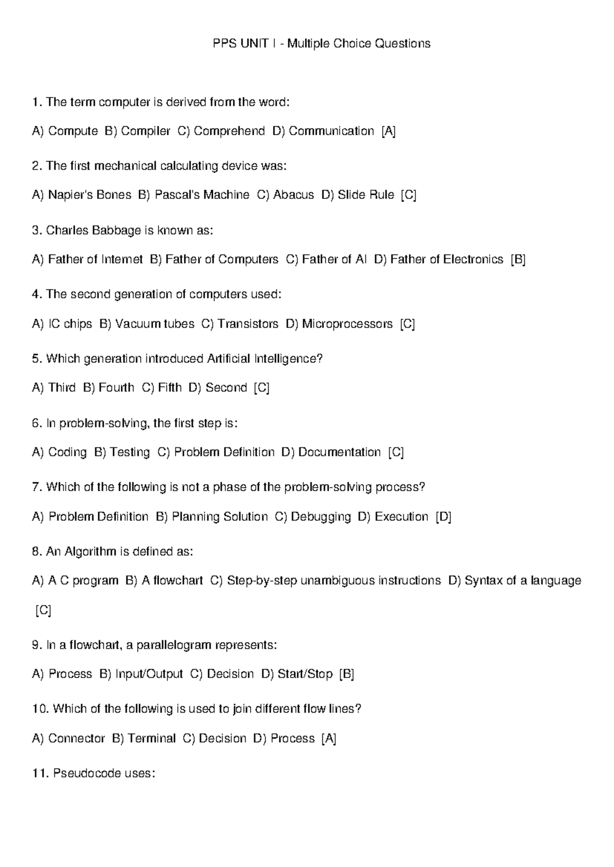 PPS UNIT I 40 MCQs - Key Concepts and Questions - Studocu