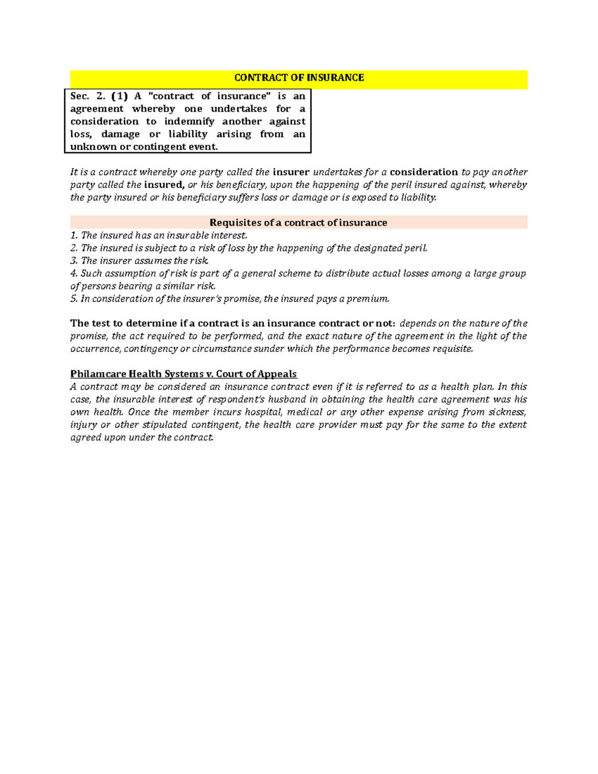 Contract of insurance - CONTRACT OF INSURANCE Sec. 2. (1) A 
