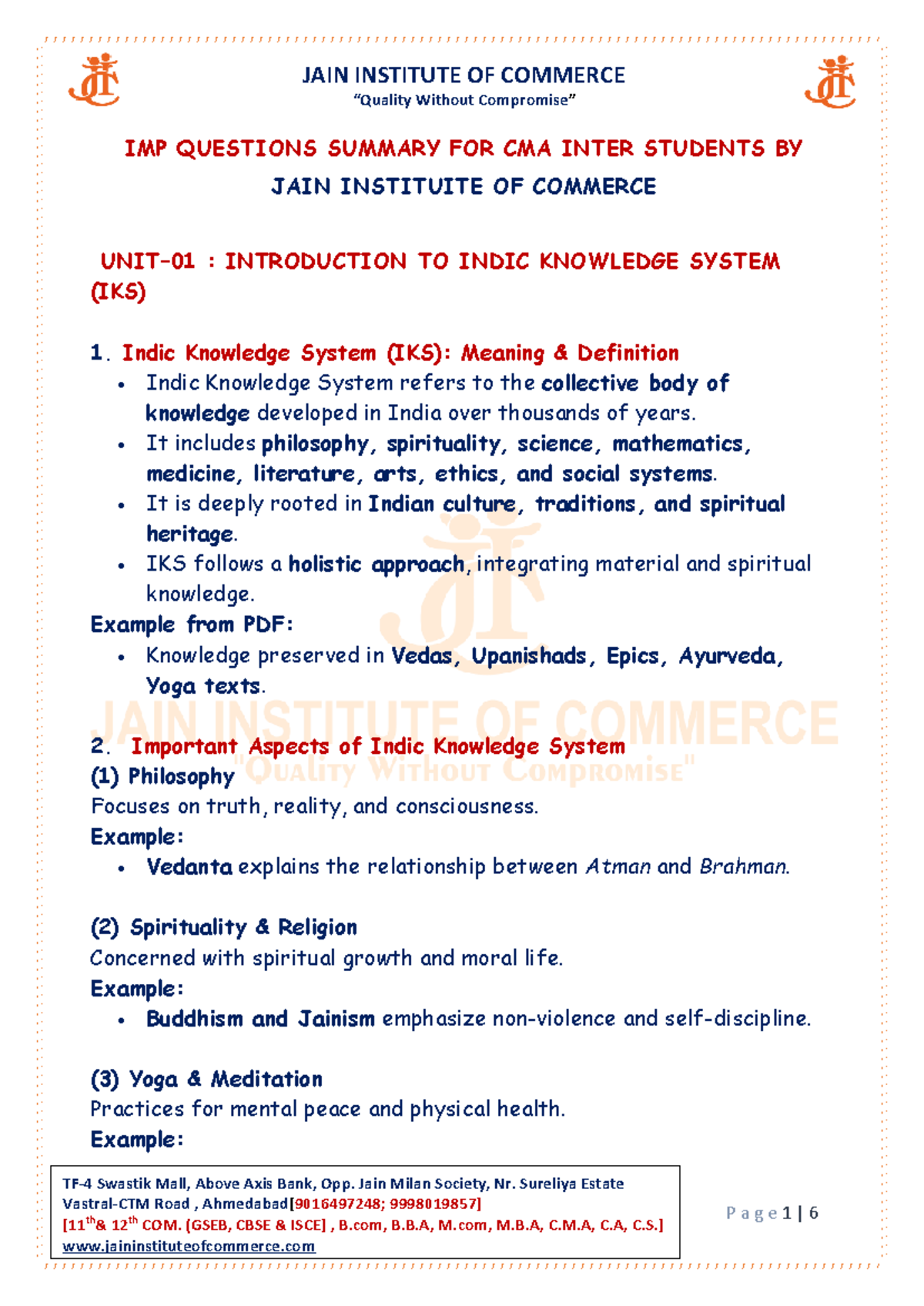 IKS IMP Summary Notes for CMA Inter Students - JIC - Studocu