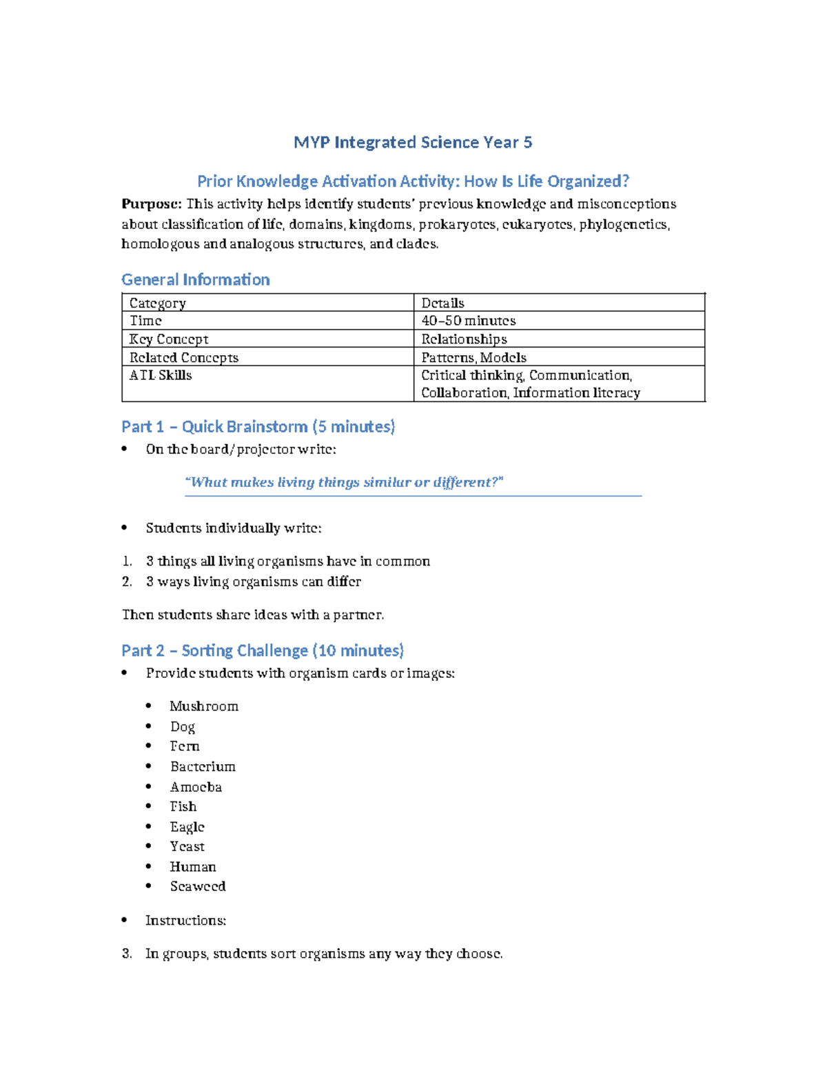 MYP Integrated Science Year 5: Taxonomy Prior Knowledge Activity - Studocu