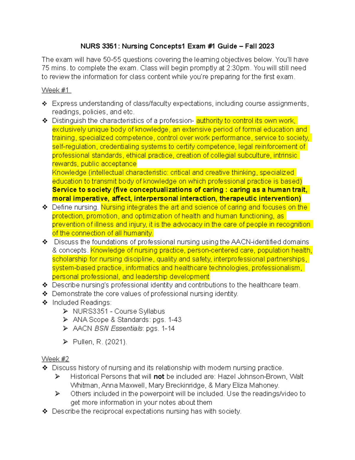 NURS 3351 Exam #1 Study Guide - Fall 2023 Overview and Content - Studocu