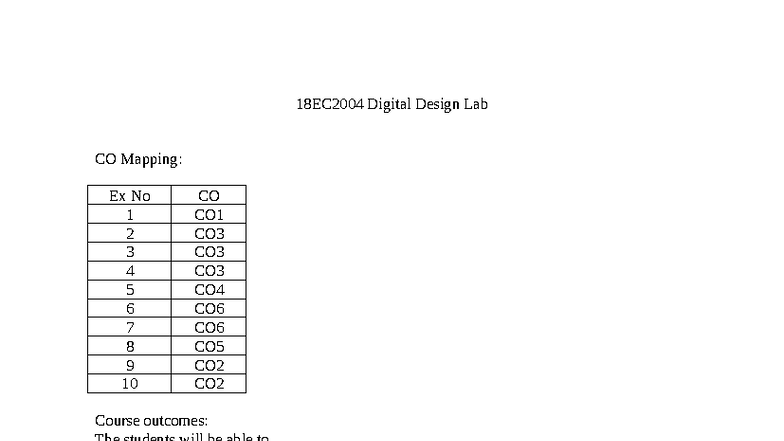 18EC2004 Digital Design Lab: CO Mapping & Experiments Overview - Studocu