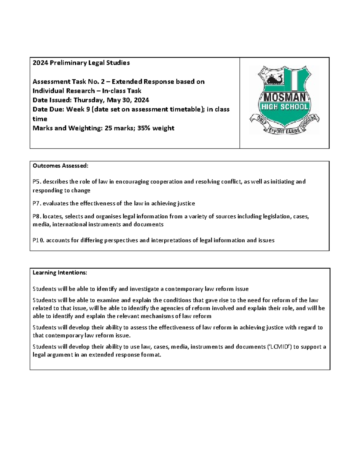 2024 Legal Studies Assessment Task 2: Extended Response on Law Reform ...