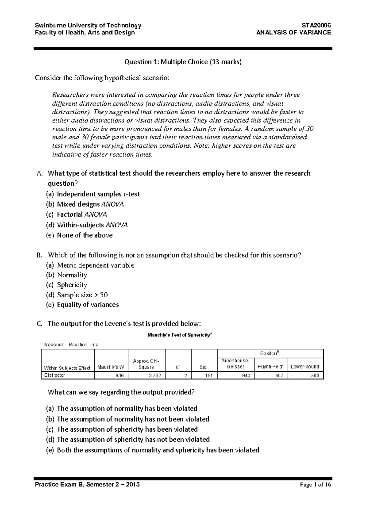STA20006 Analysis of Variance Practice Exam 2 - Multiple Choice & Short ...