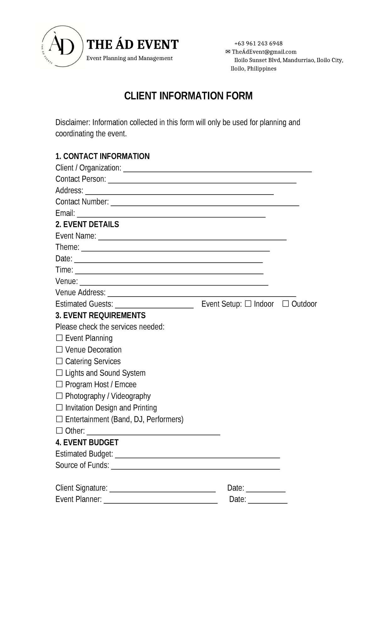 3C Event Planning Client Info Form - Studocu