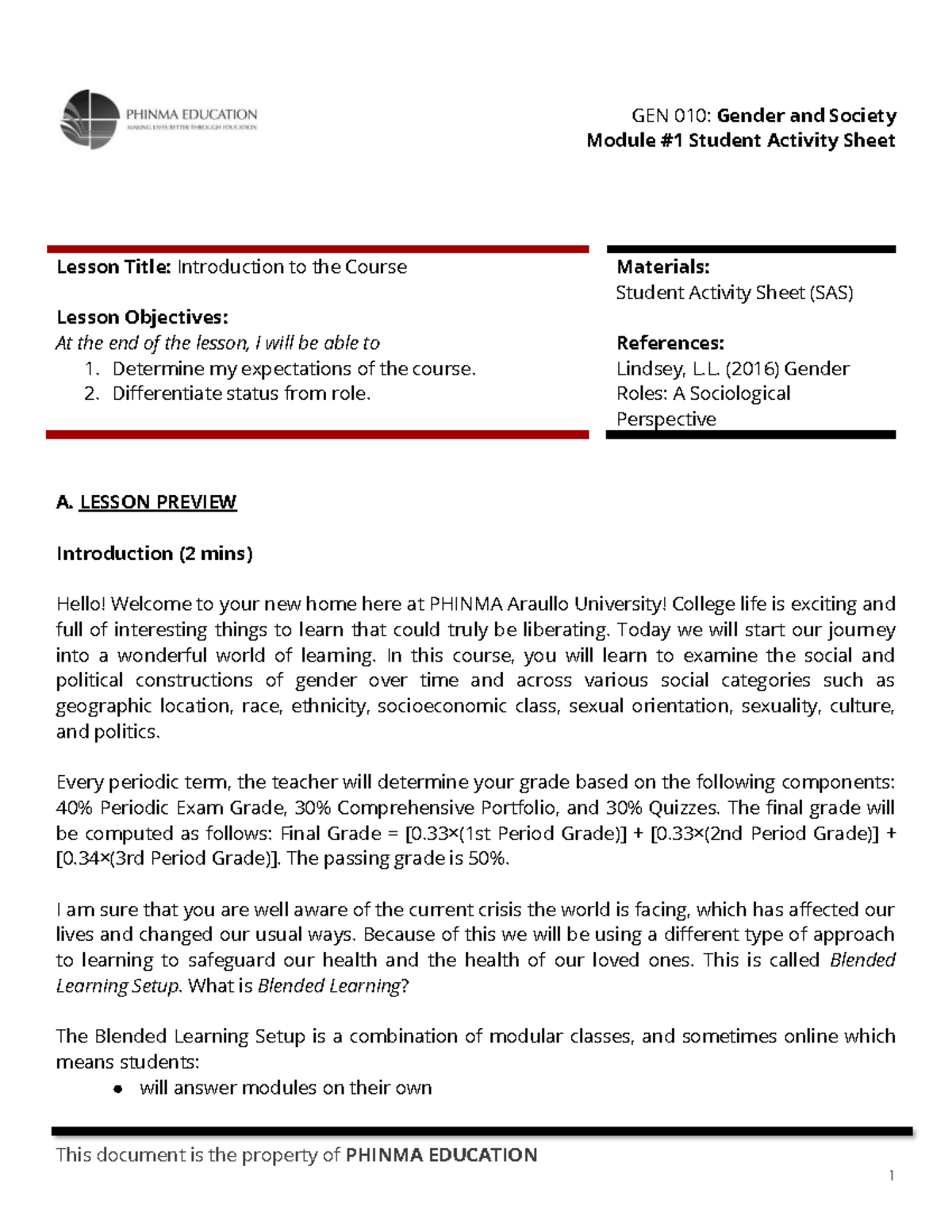GEN 010: Gender and Society Lesson Activity Sheet - Course Introduction ...
