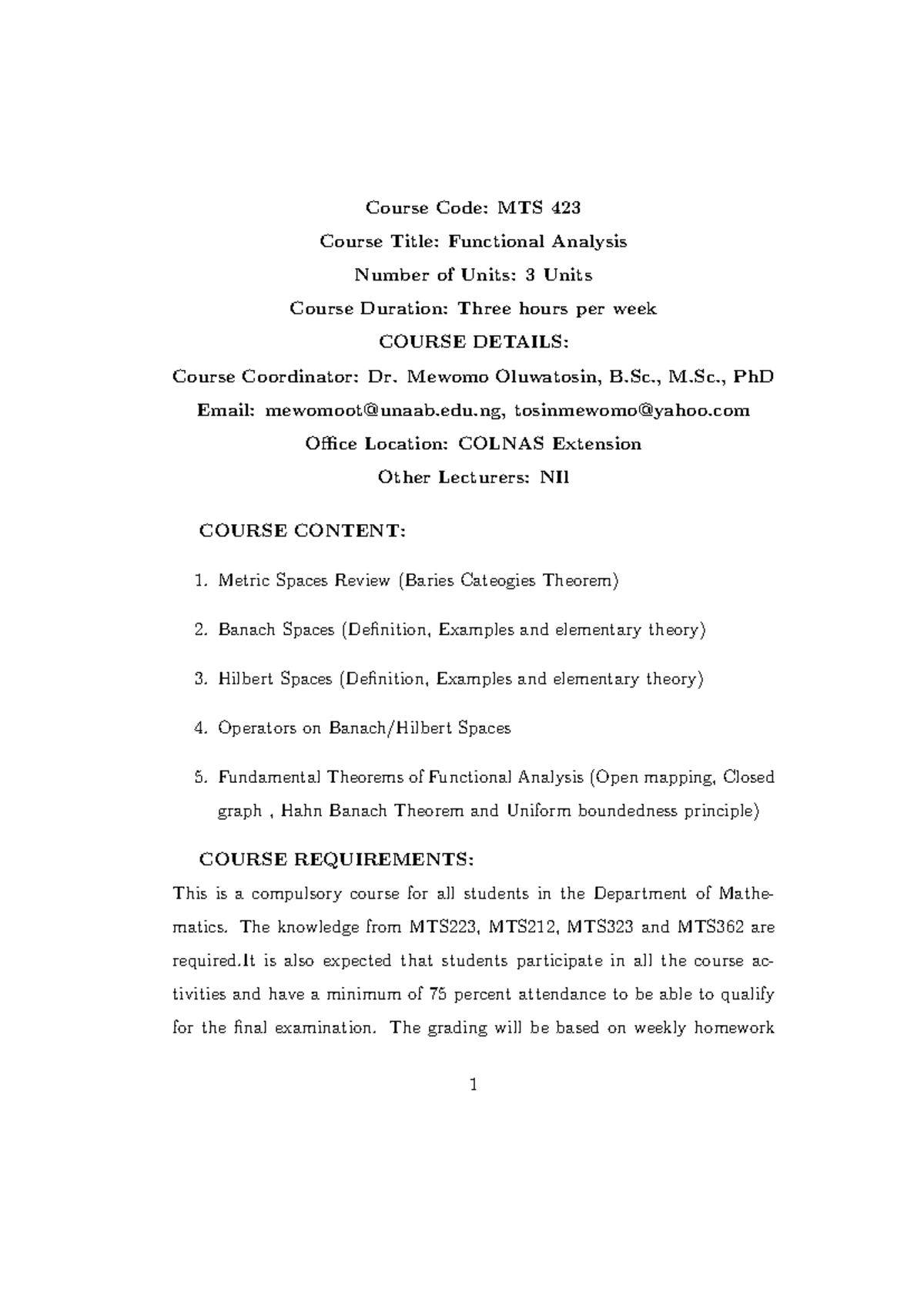 Functional Analysis Overview: MTS 423 Course Notes and Assignments ...