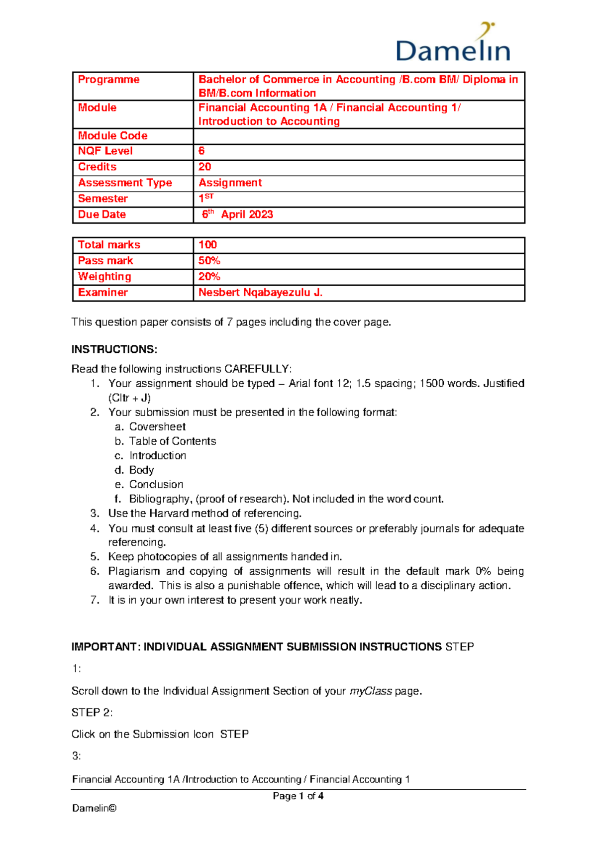 Assignment 2023 - Financial Accounting 1A Overview and Guidelines - Studocu