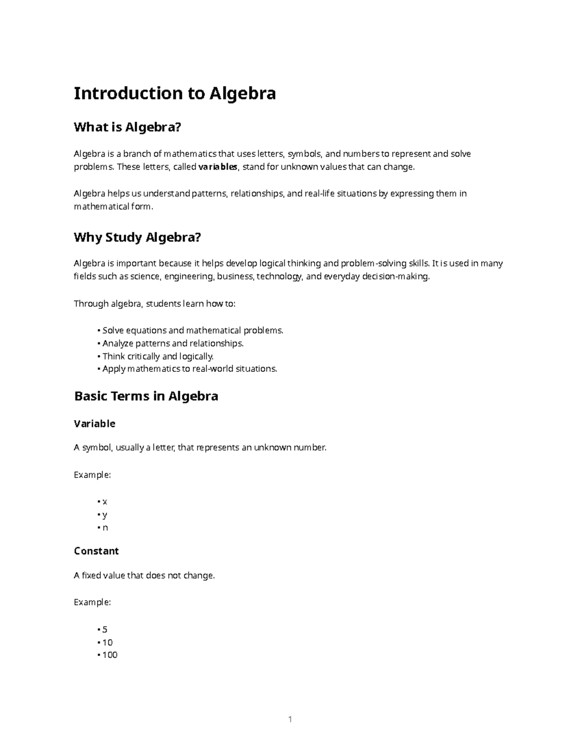Introduction to Algebra: Understanding Variables and Equations - Studocu