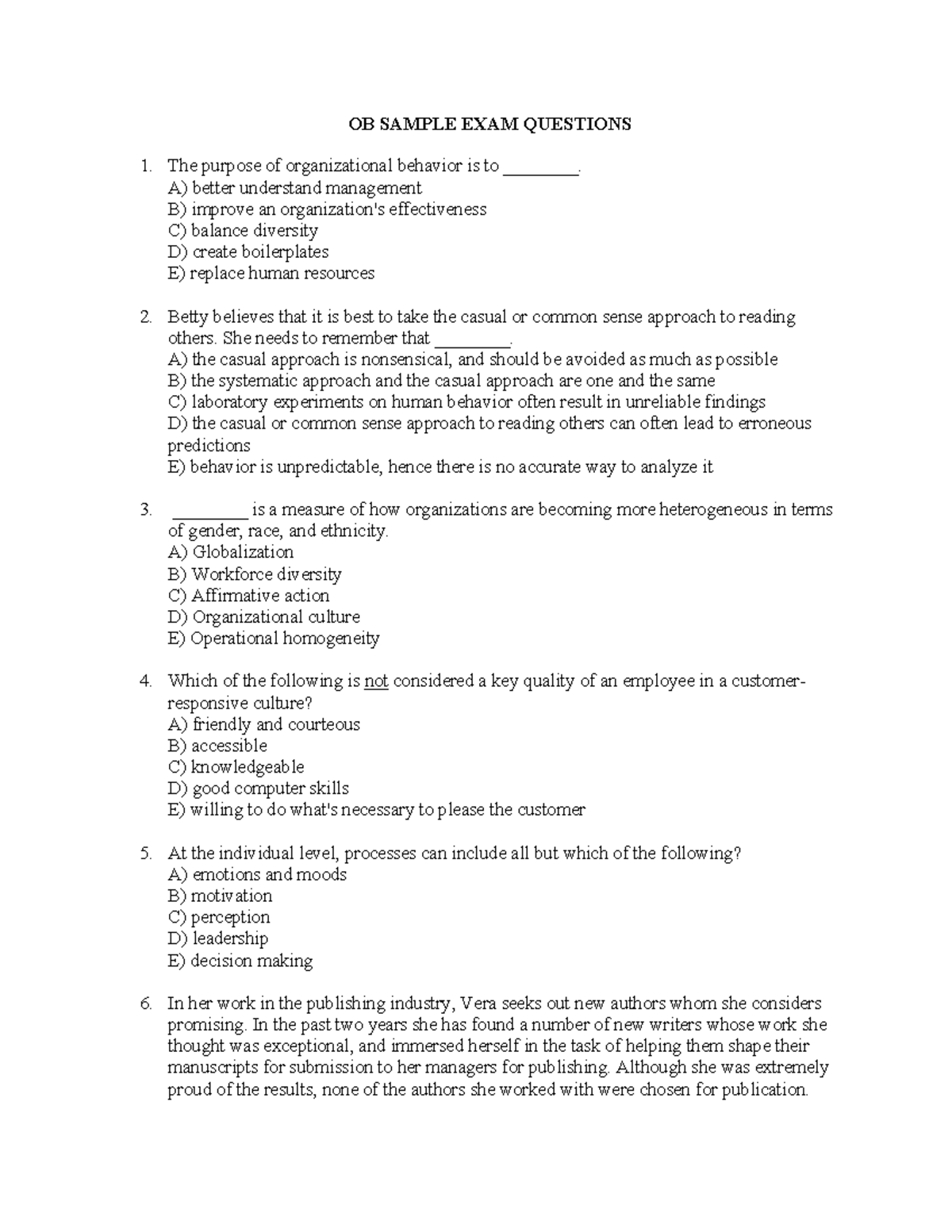 OB Sample EXAM Questions - OB SAMPLE EXAM QUESTIONS The purpose of ...