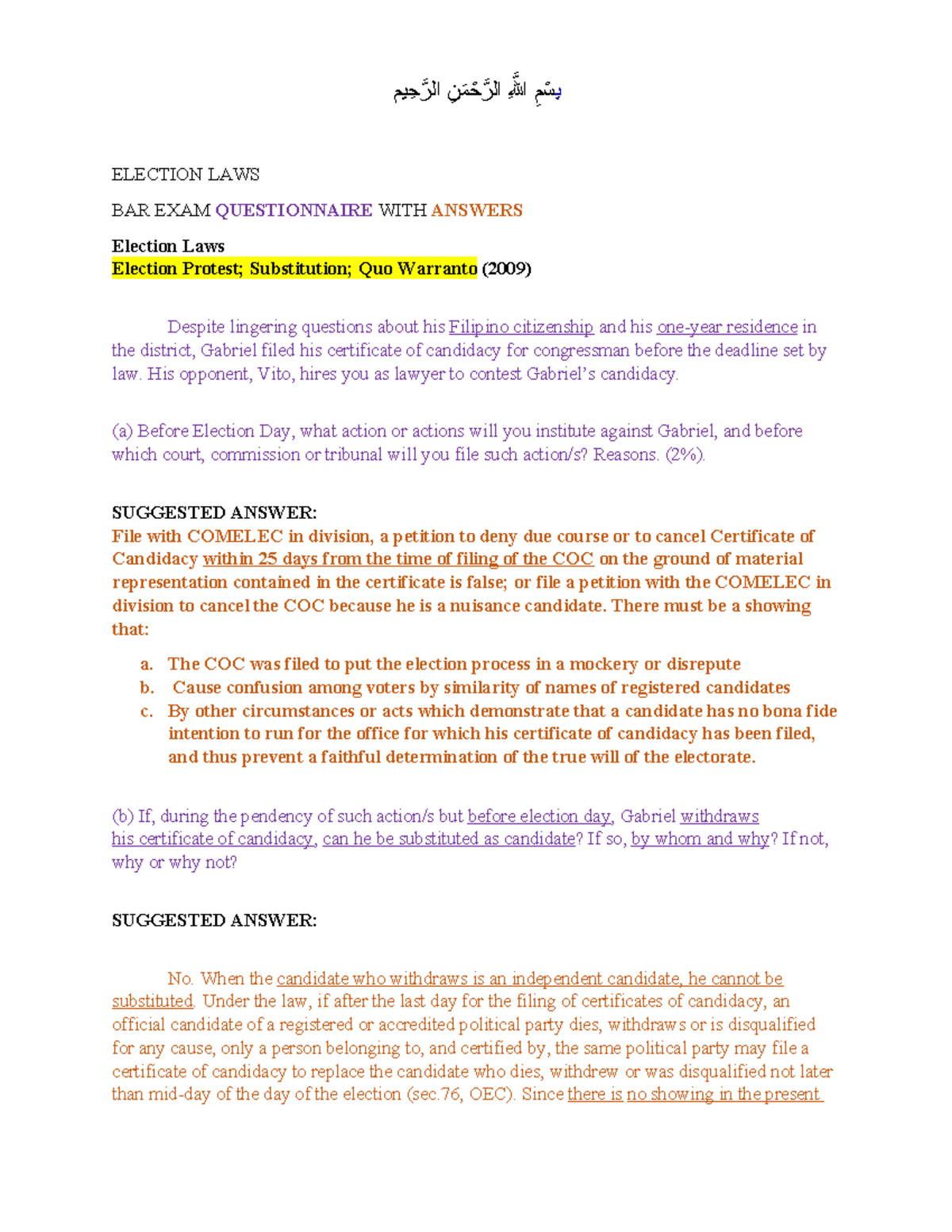 531578161 Election Laws BAR Exam Q&A with Key Concepts and Cases - Studocu