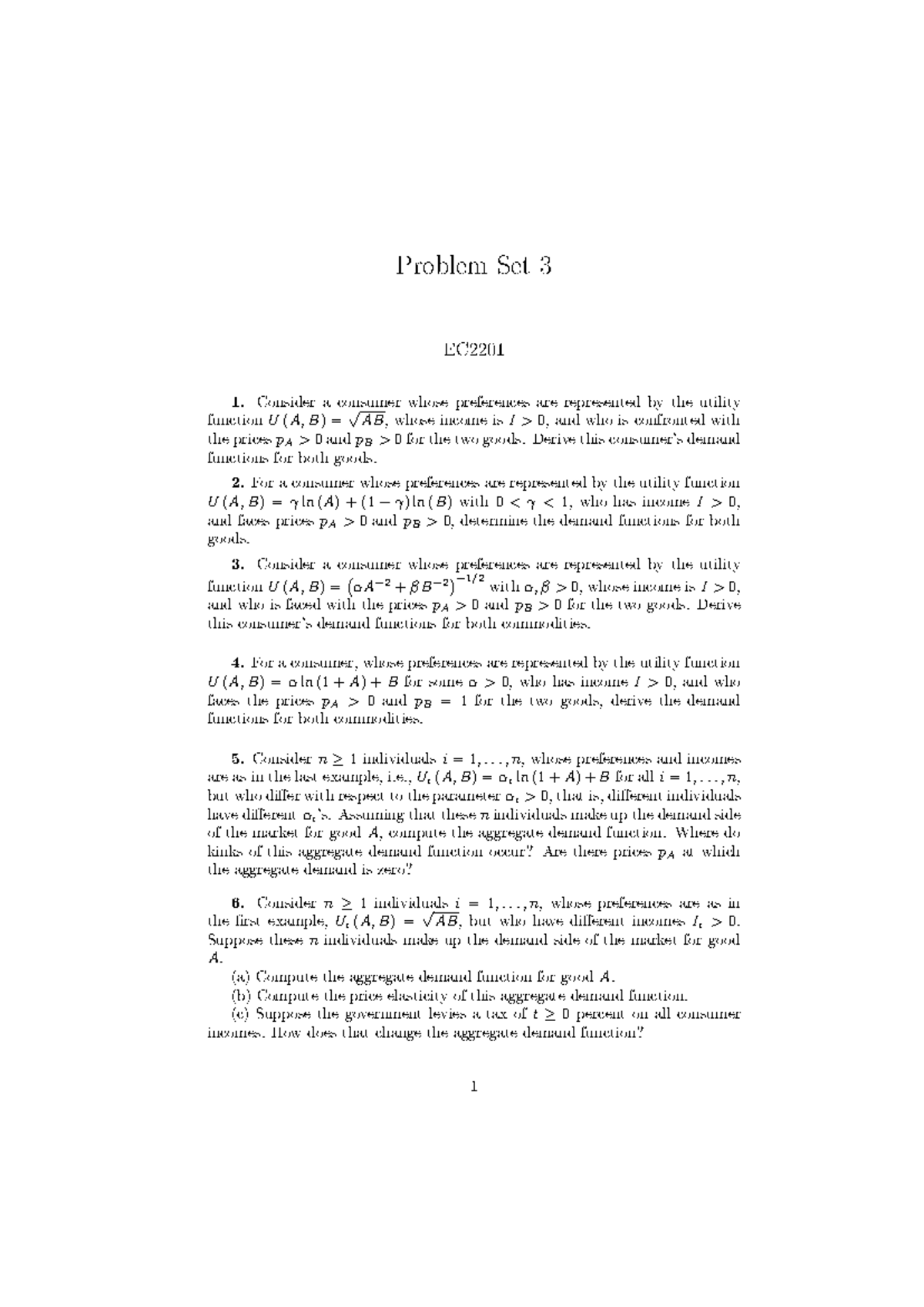 Problem Set 3 EC2201: Demand Functions and Utility Analysis - Studocu