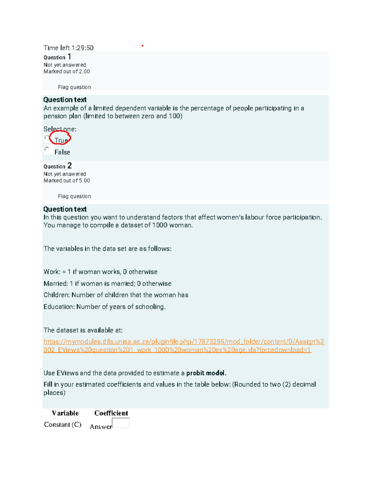 ECS4863 Ass2 - Quiz Answers on Probit Models and Labour Participation ...