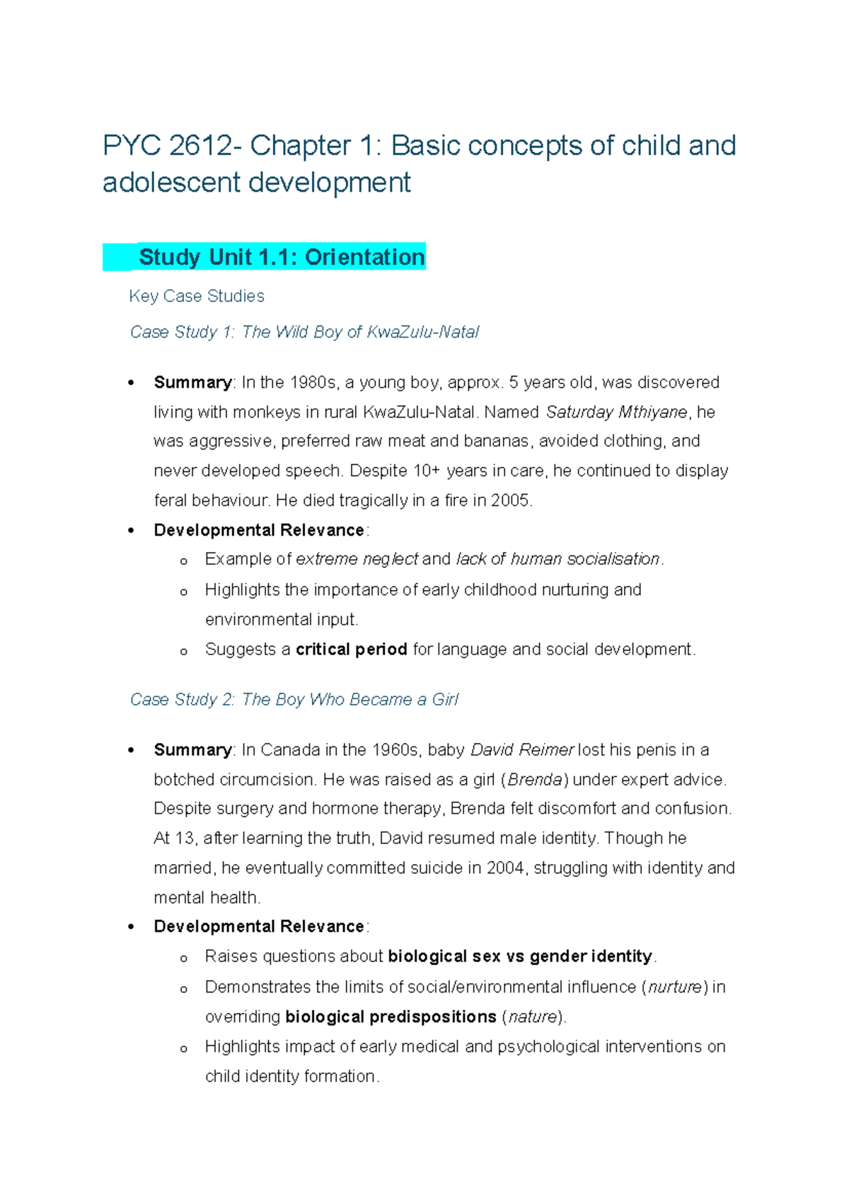 PYC 2612 Chapter 1: Key Case Studies in Child Development - Studocu