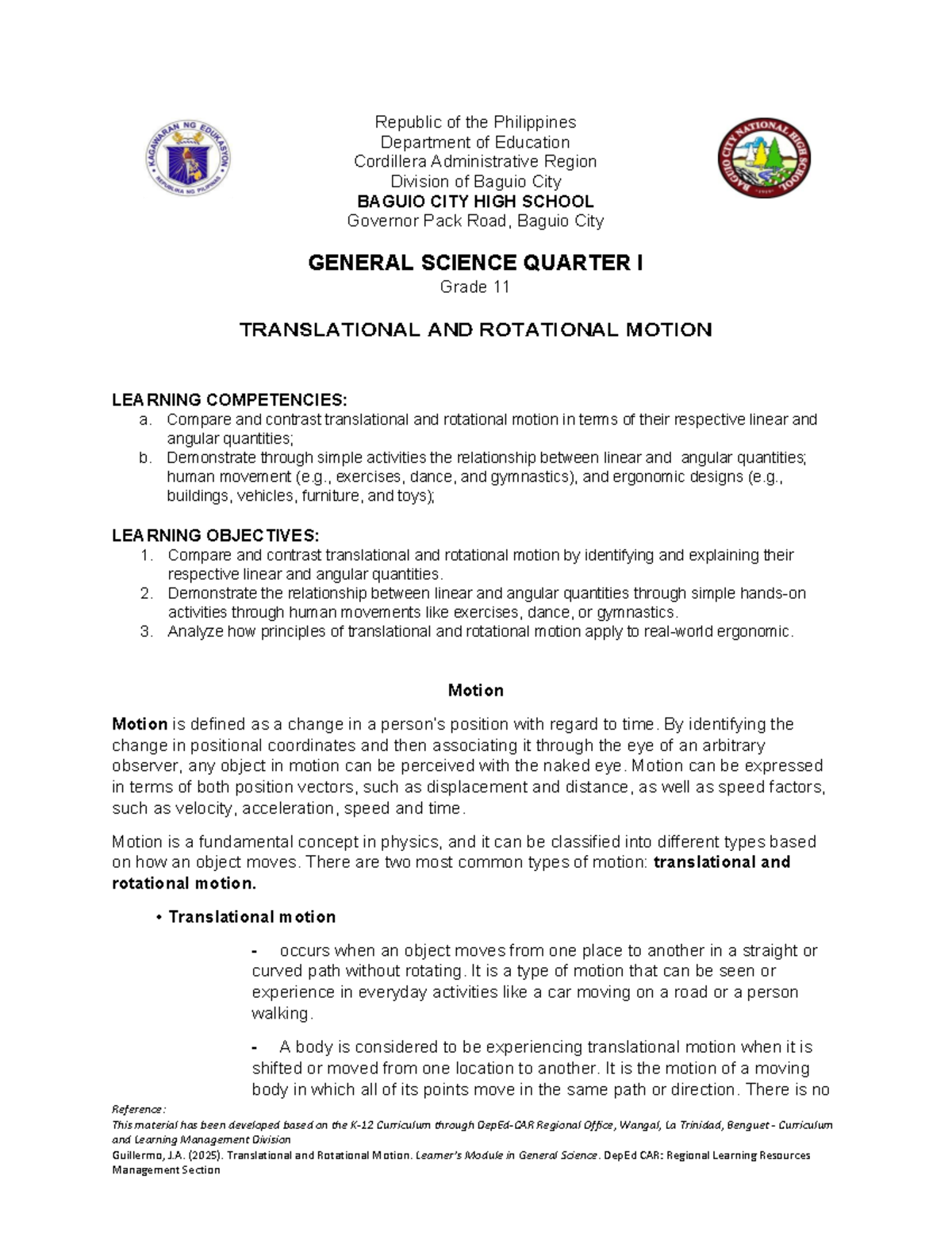 General Science Grade 11: Translational & Rotational Motion Module ...