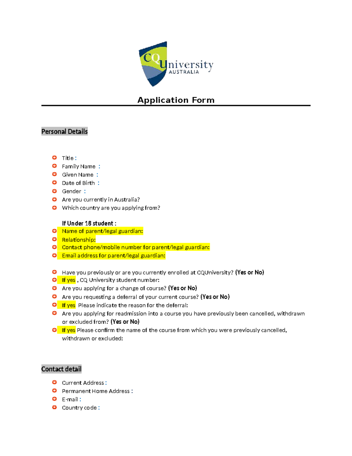 CQU Application Form 2024: Personal & Program Details - Studocu