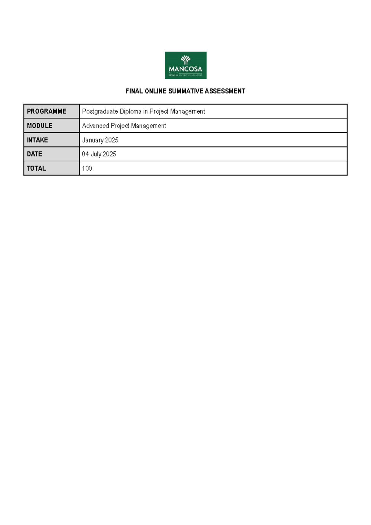 OSA Jan25 PGDPM APM8 Final Exam: Offshore Construction Case Study ...