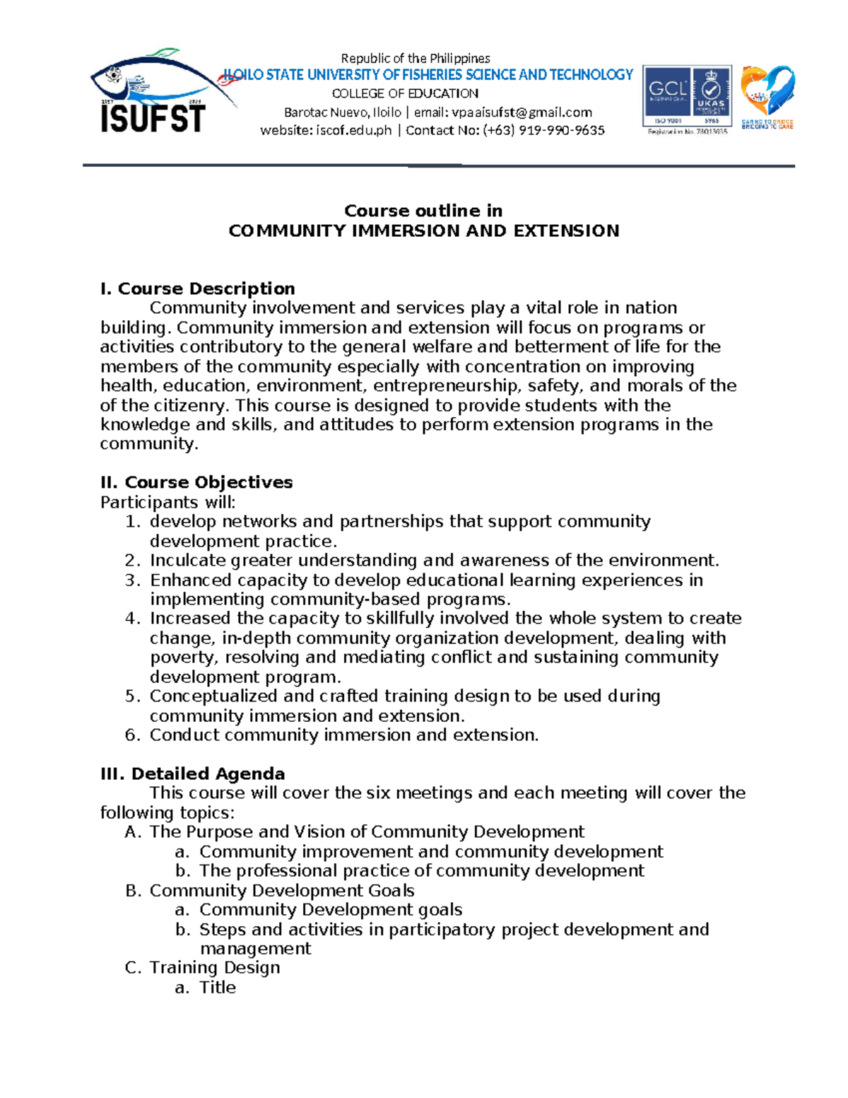 Course Outline: Community Immersion & Extension (CED 101) - Studocu