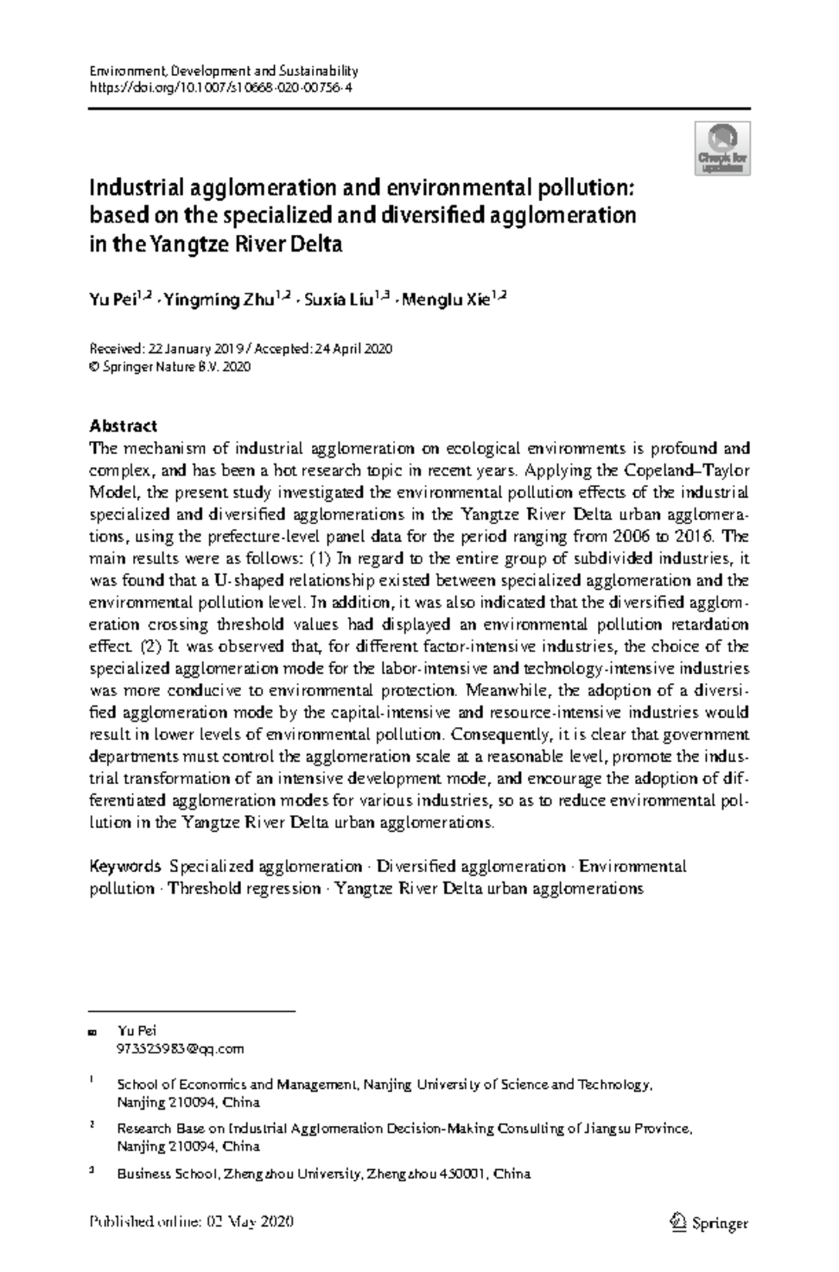 Industrial Agglomeration and Environmental Pollution in YRDUA: A Study ...