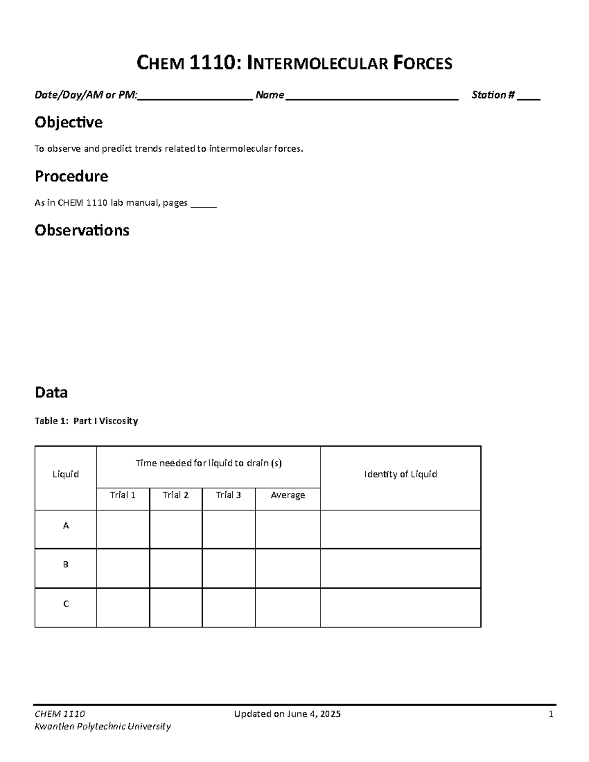 CHEM 1110 Lab: Intermolecular Forces Observations and Data - Studocu