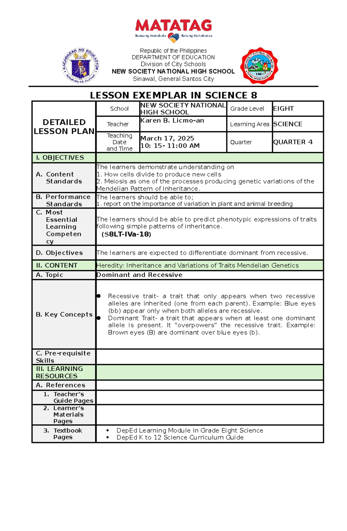Final Lesson Plan on Genetics (SCI 8) - Studocu