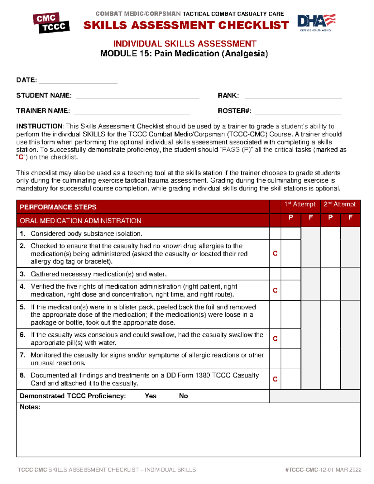 Combat Tactical Casualty Care Skills Assessment Checklist - Module 15 ...