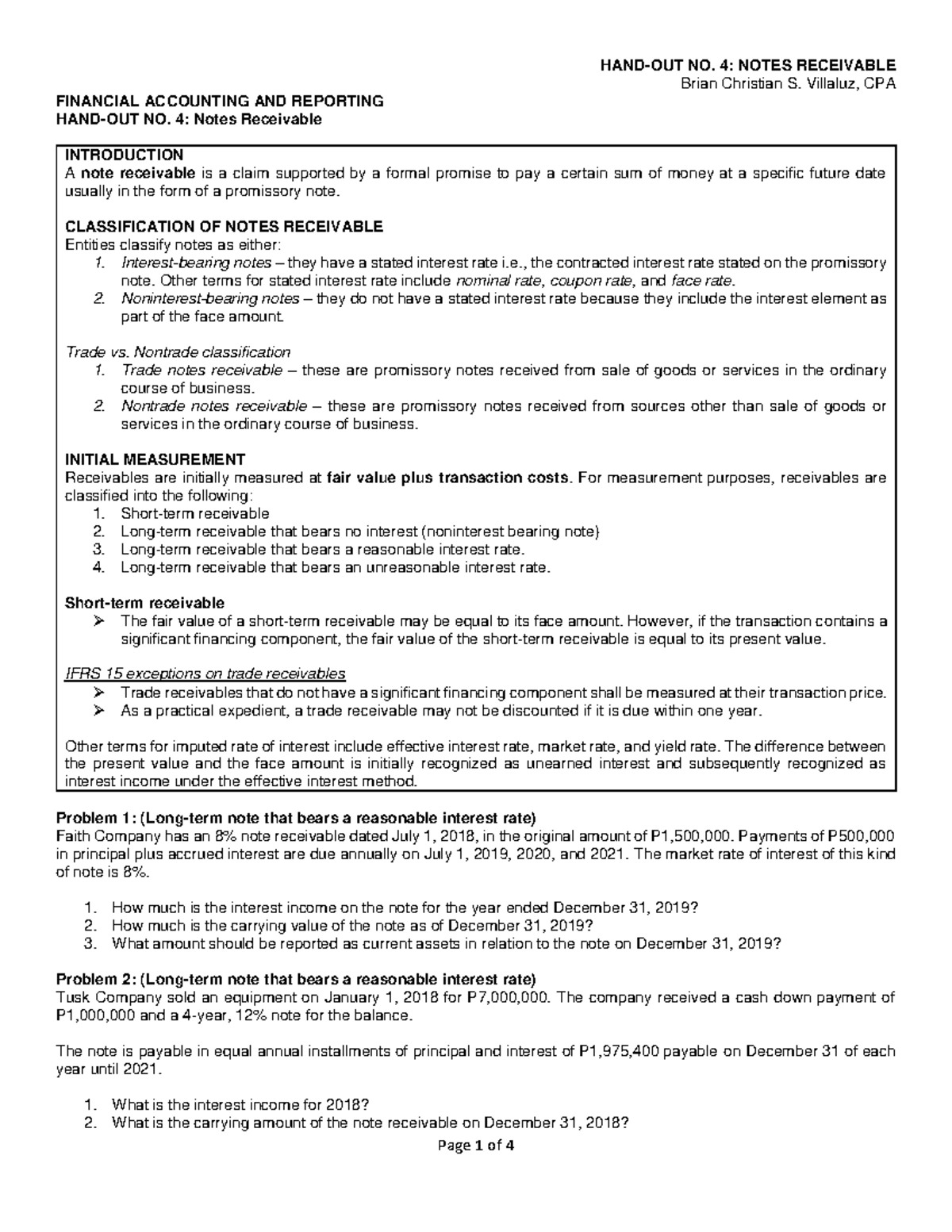 FINANCIAL ACCOUNTING (HAND-OUT NO. 4): Notes Receivable Analysis - Studocu
