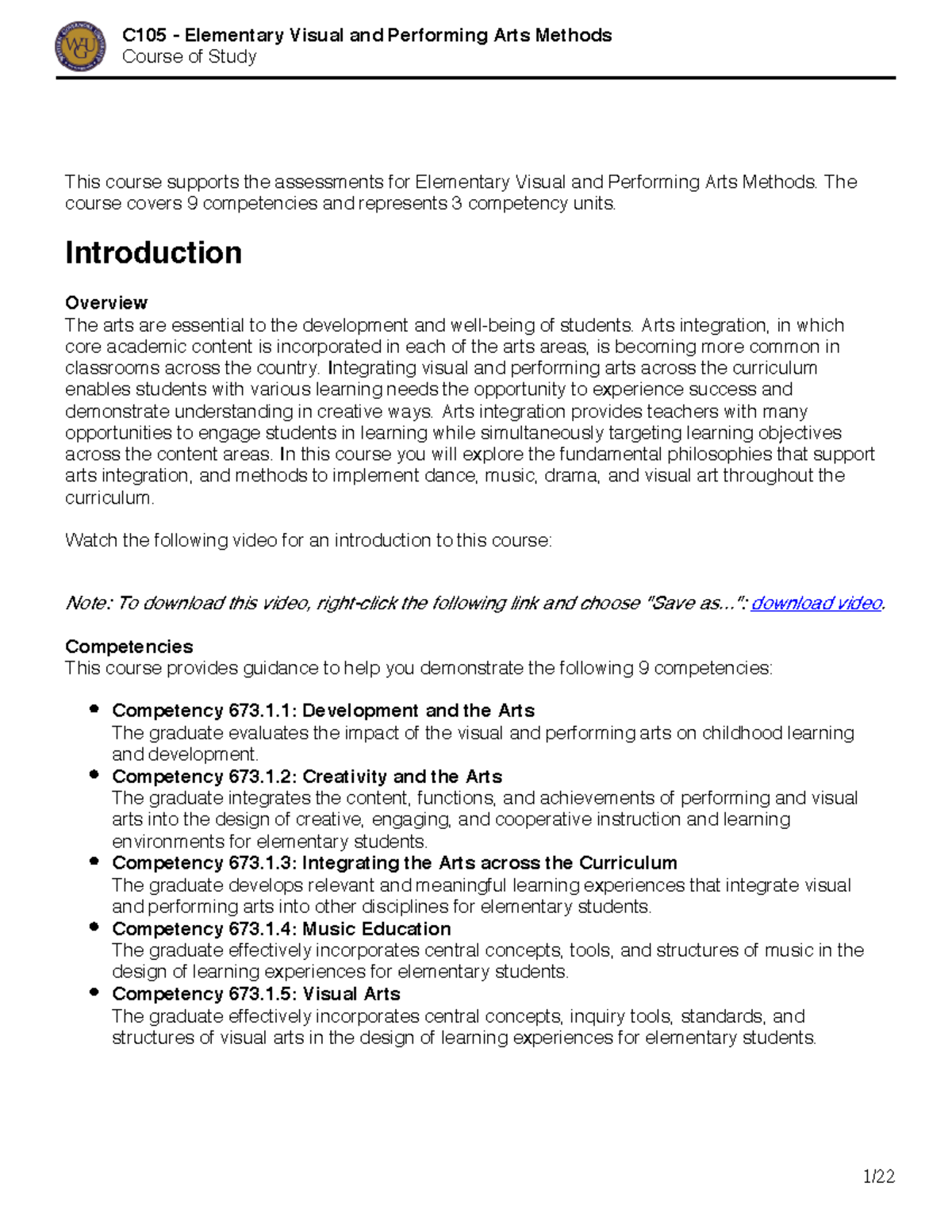 C105 Elementary Visual and Performing Arts Methods: Course Overview and ...