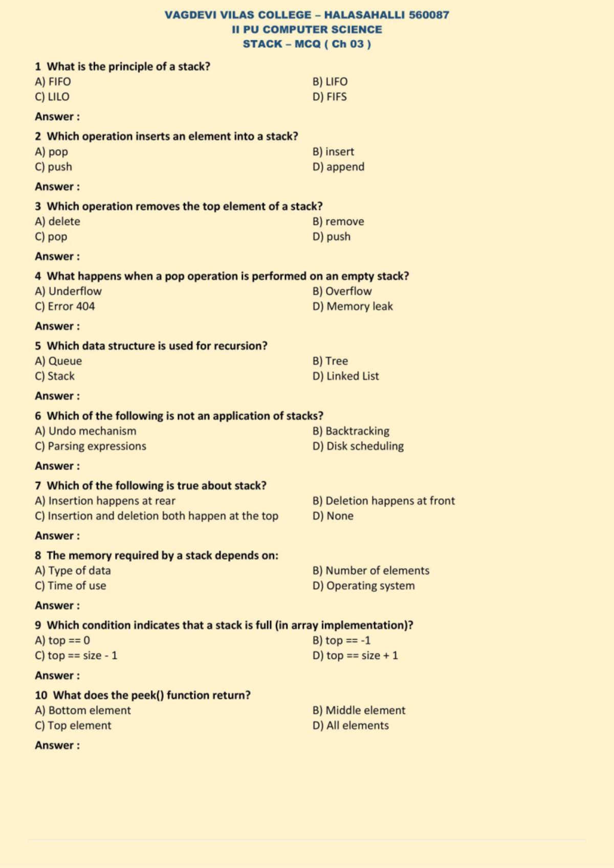 II PU COMPUTER SCIENCE STACK MCQ (Ch 03) - VAGDEVI VILAS COLLEGE - Studocu