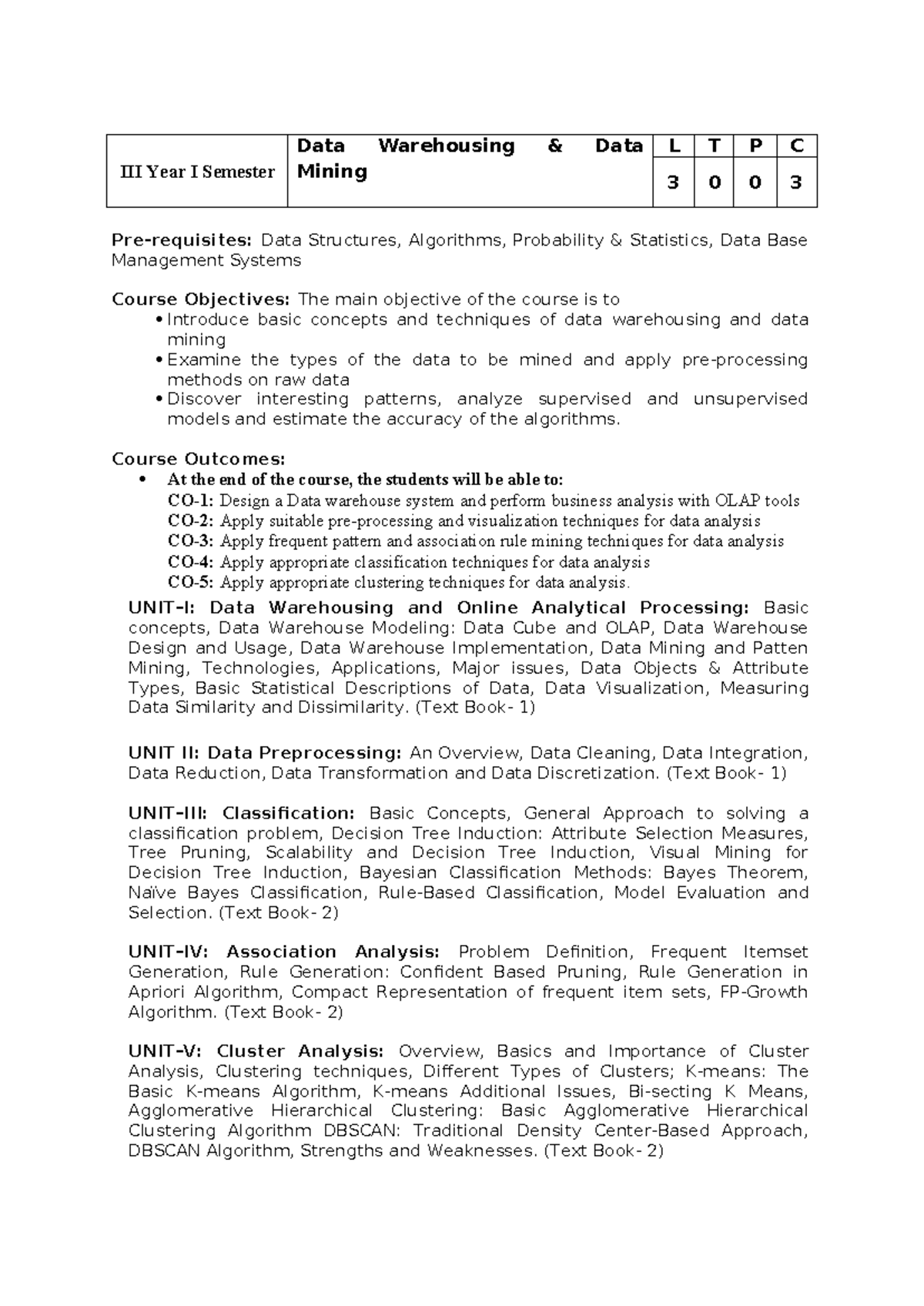 R23-DWDM Syllabus: Data Warehousing & Mining Course Overview - Studocu
