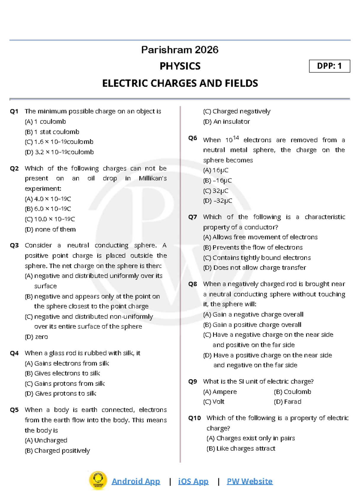 Electric Charges and Fields DPP 01: Key Concepts and Solutions - Studocu