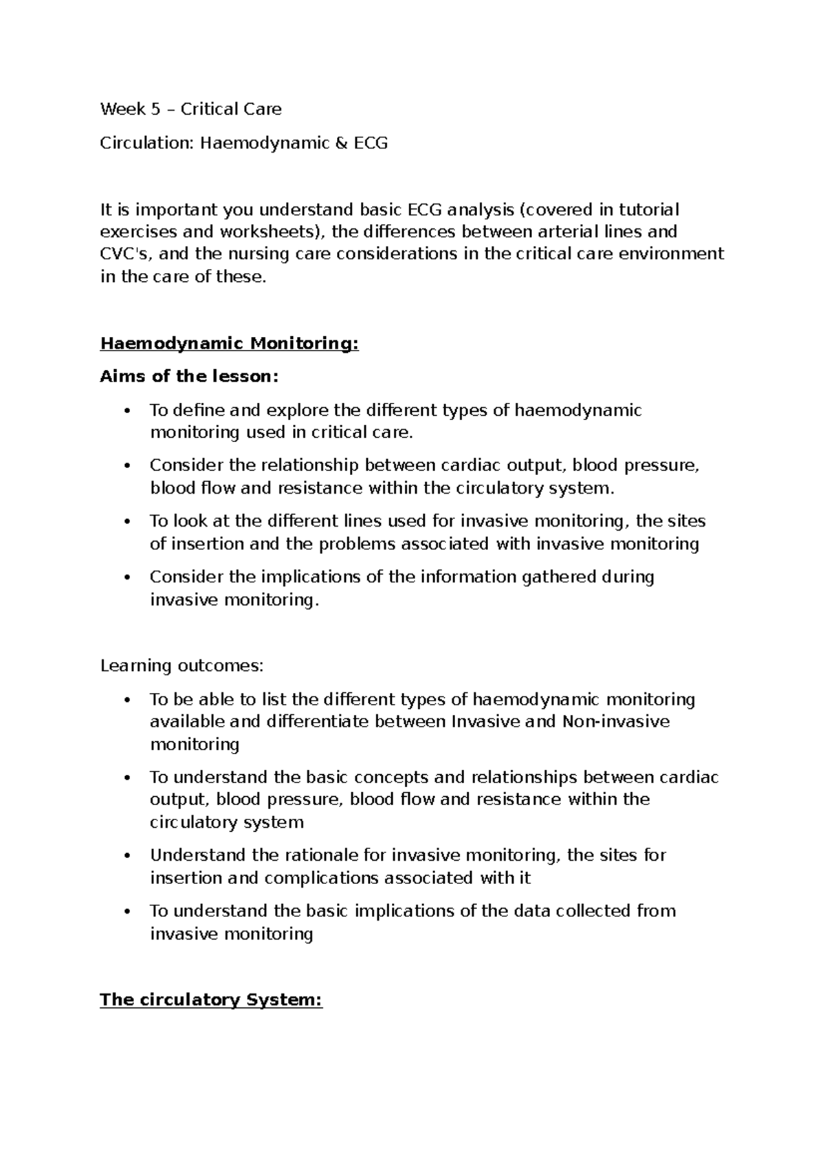 Week 5 Critical Care Cardiovascular Lecture Notes: ECG & Haemodynamics ...