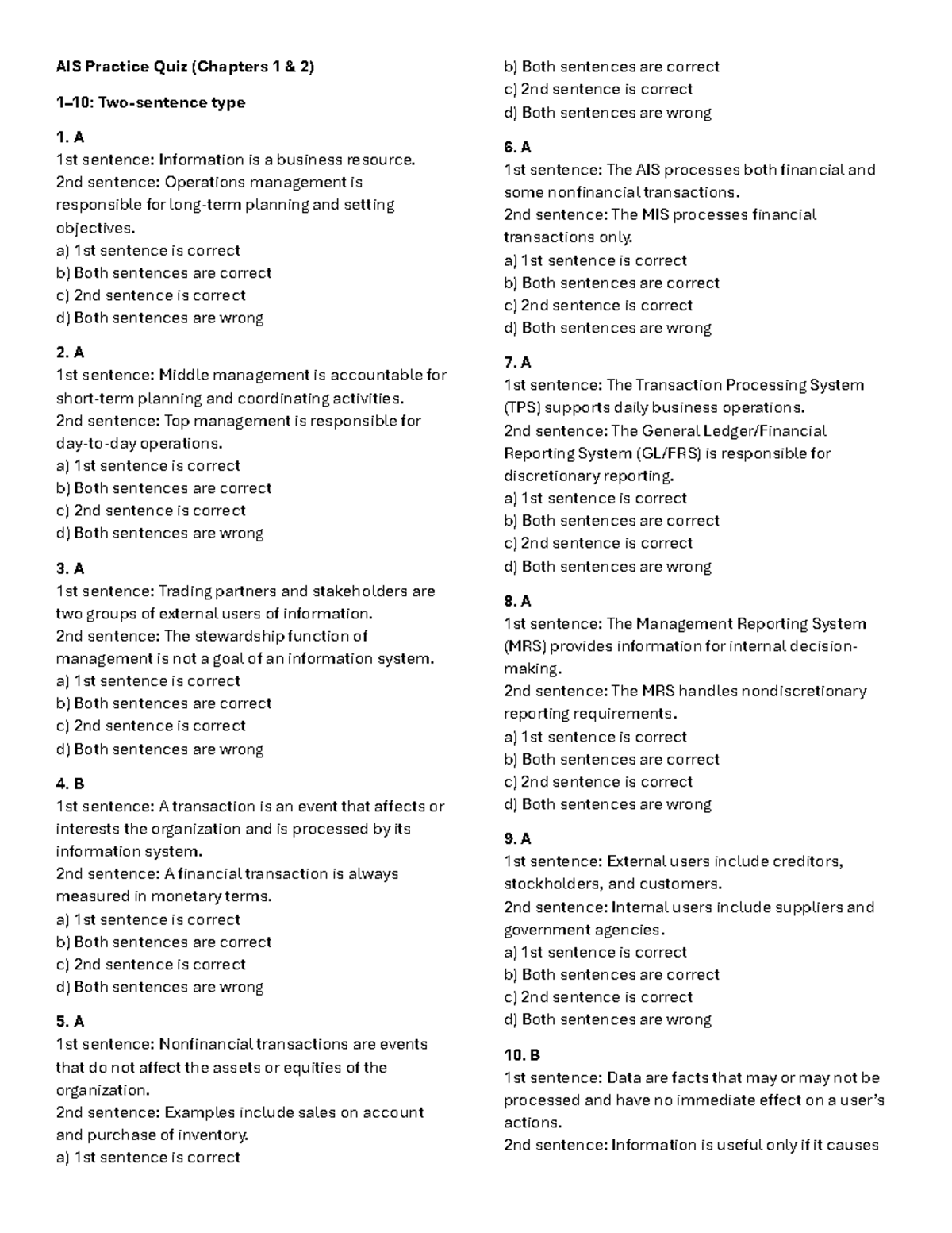 AIS Practice Quiz (Chapters 1 & 2) - Type 1 Review - Studocu