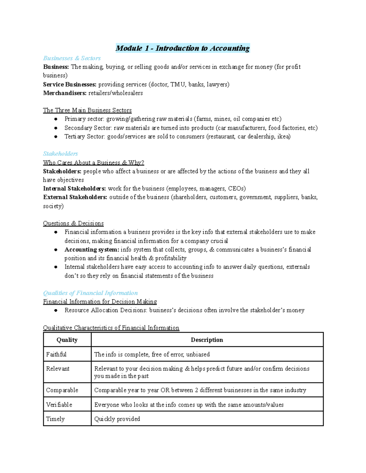 [ACC 100] Module 1: Introduction to Accounting and Business Sectors ...