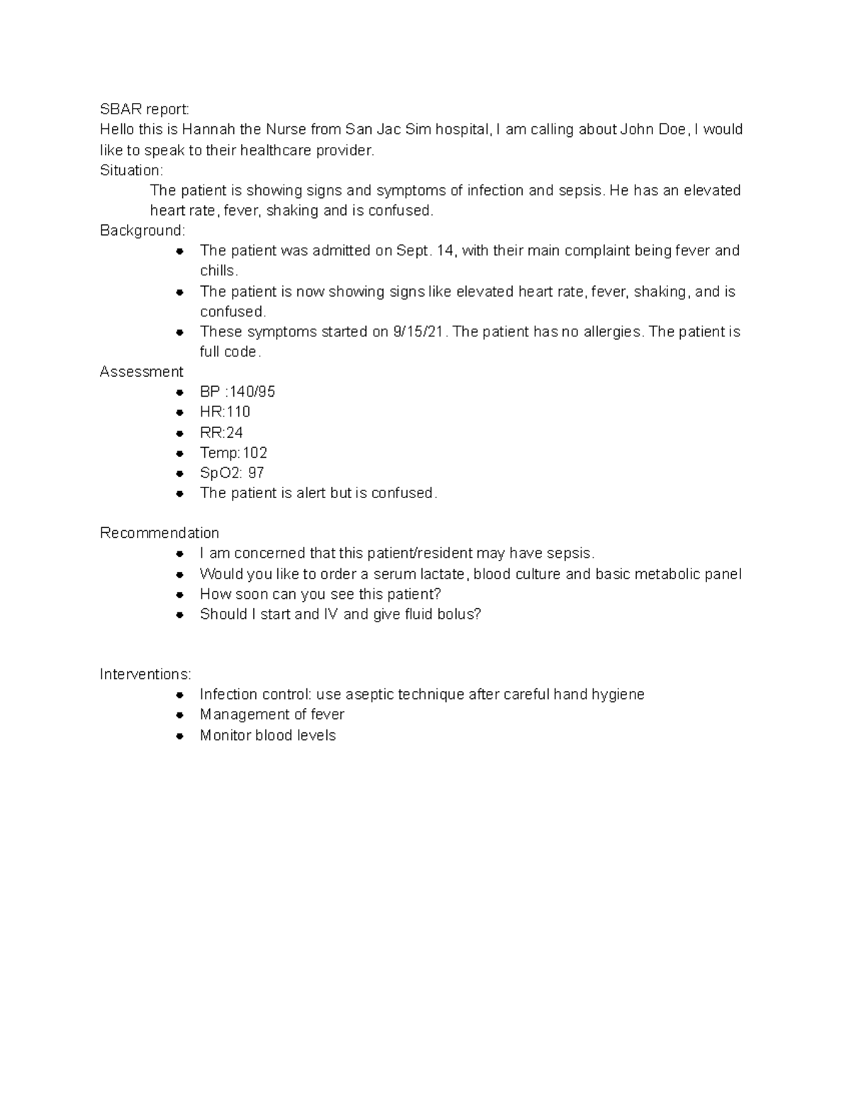 SBAR Report Example for Clinical Assessment of Sepsis - Studocu