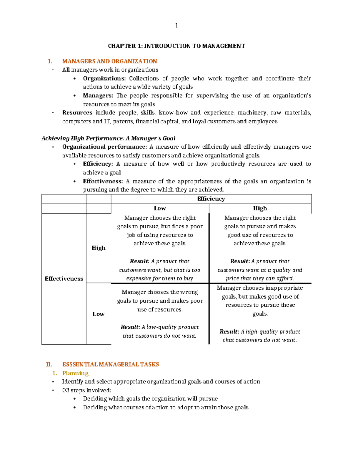Chapter 1 - CHAPTER 1: INTRODUCTION TO MANAGEMENT I. MANAGERS AND ...