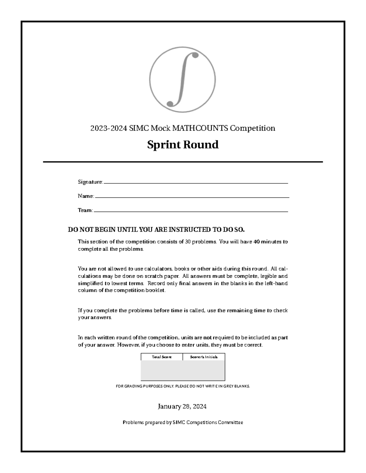 SIMC Mock MATHCOUNTS Competition Sprint Round January 2024 Studocu