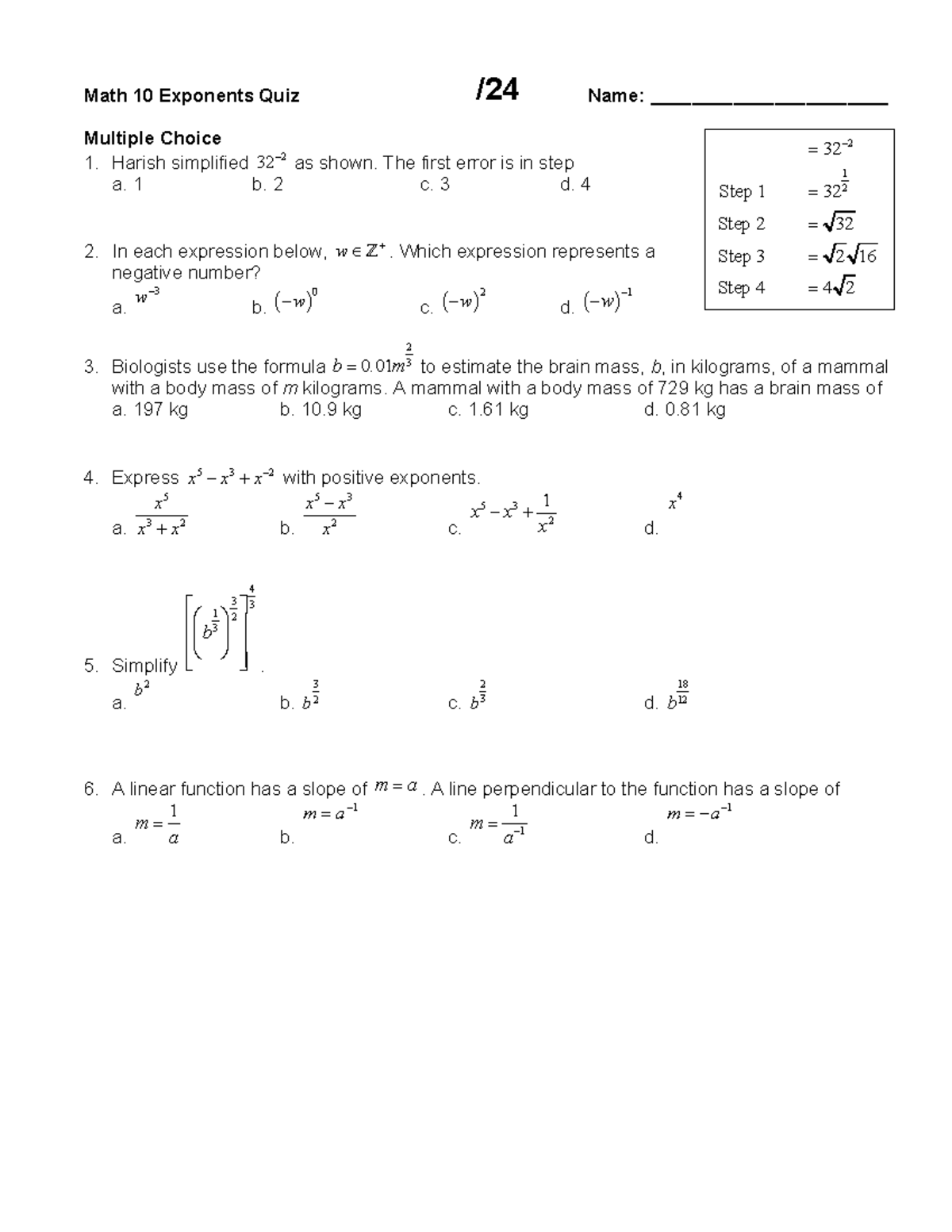 Math 10 Exponents and Radicals Quiz: Multiple Choice Questions - Studocu