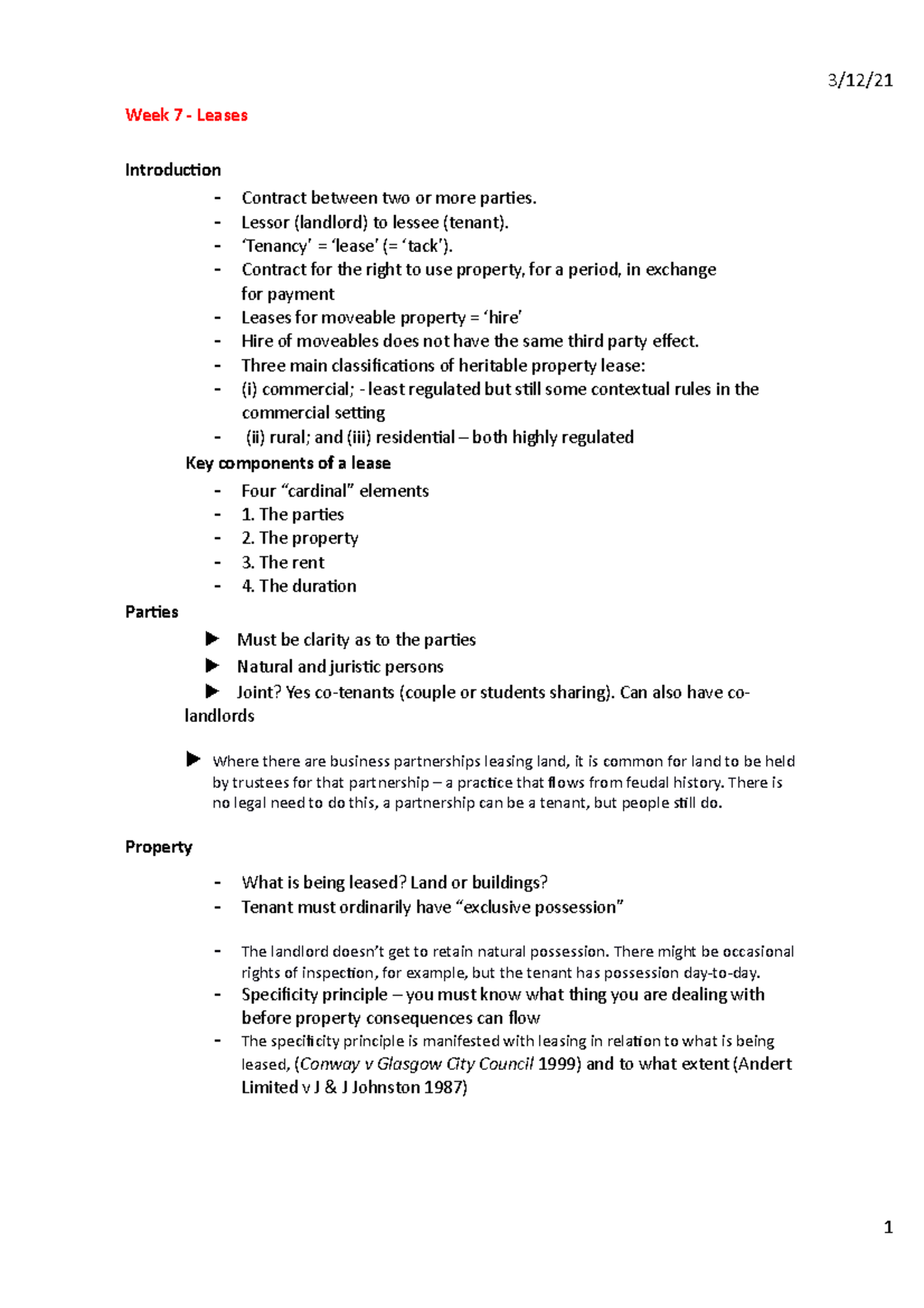 Week 7 - Leases - In-depth Lecture Notes on Rental Agreements - Studocu