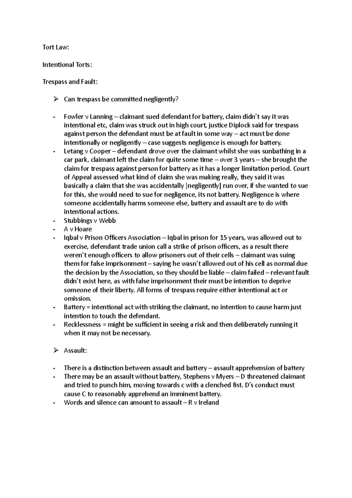 Tort Law Lecture Notes: Intentional Torts, Assault, and Battery ...