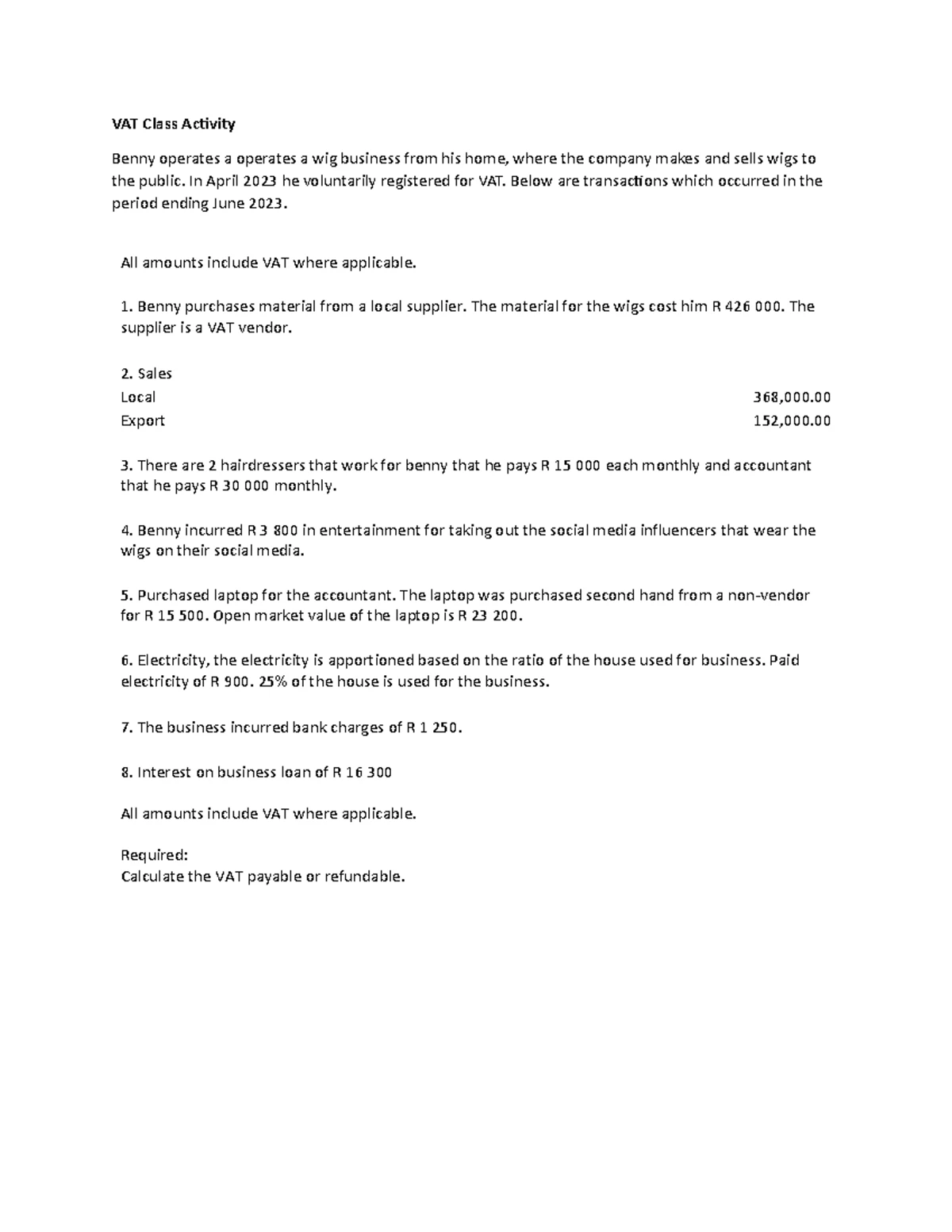 VAT Class Activity Solution - VAT Class Activity Solution Transaction ...