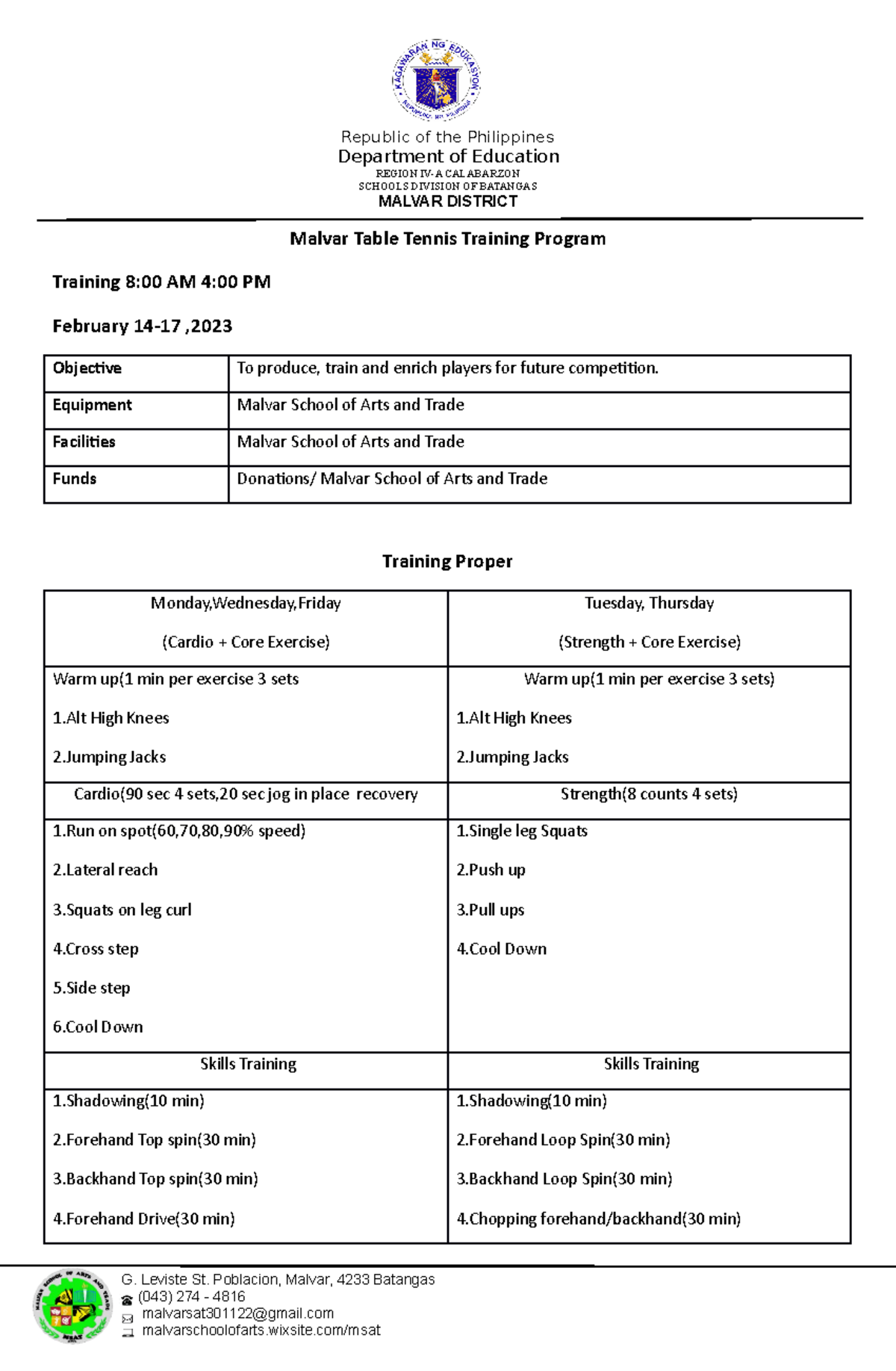 Table Tennis Training Program (Malvar, Feb 14-17) - Studocu