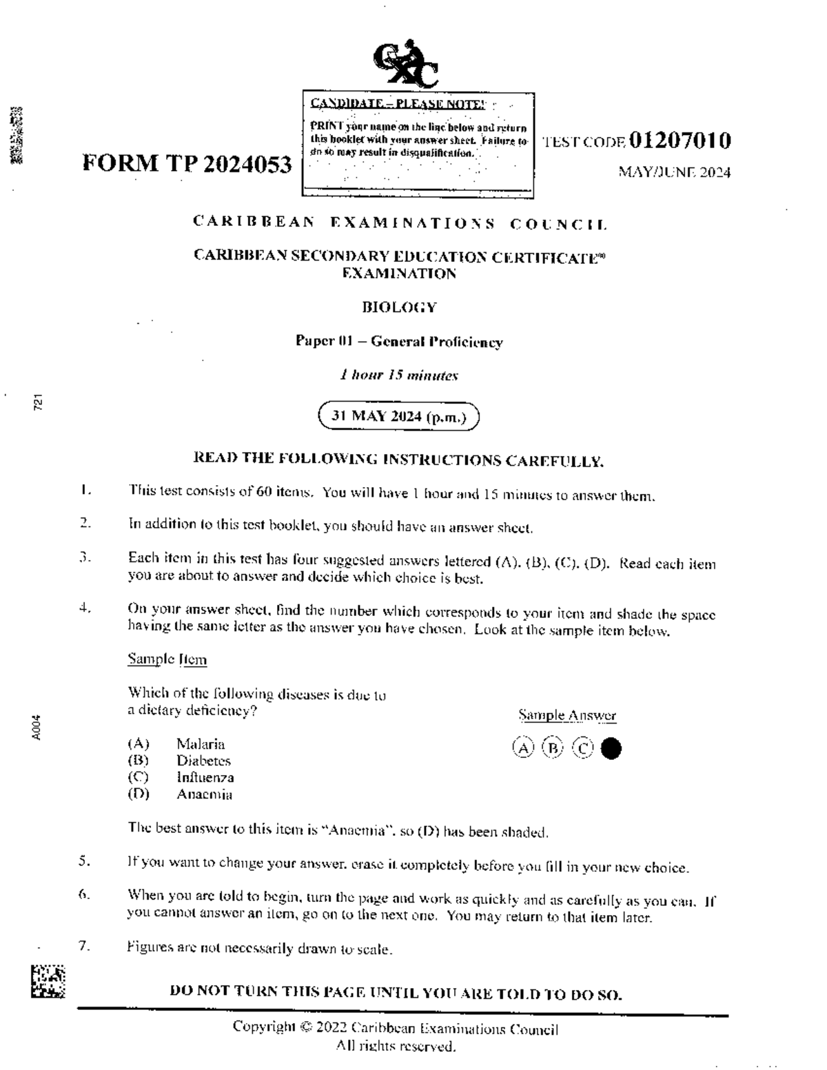 CSEC Biology P1 2024 mock exam answer sheet and instructions - Studocu
