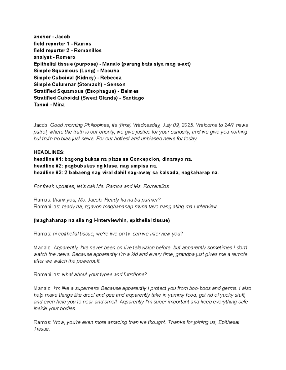 BIO- Script: Epithelial Tissue News Report and Analysis - Studocu