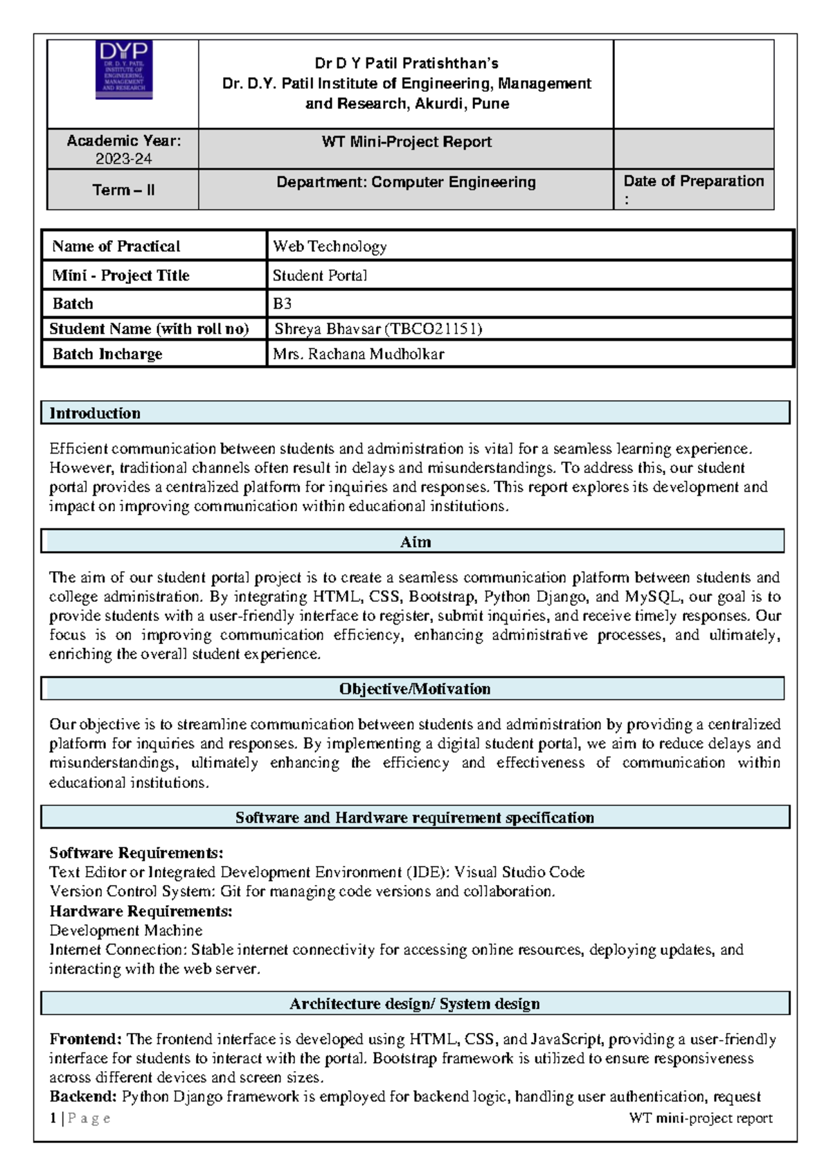 WT Mini-Project Report: Student Portal Development - B 3 - Studocu