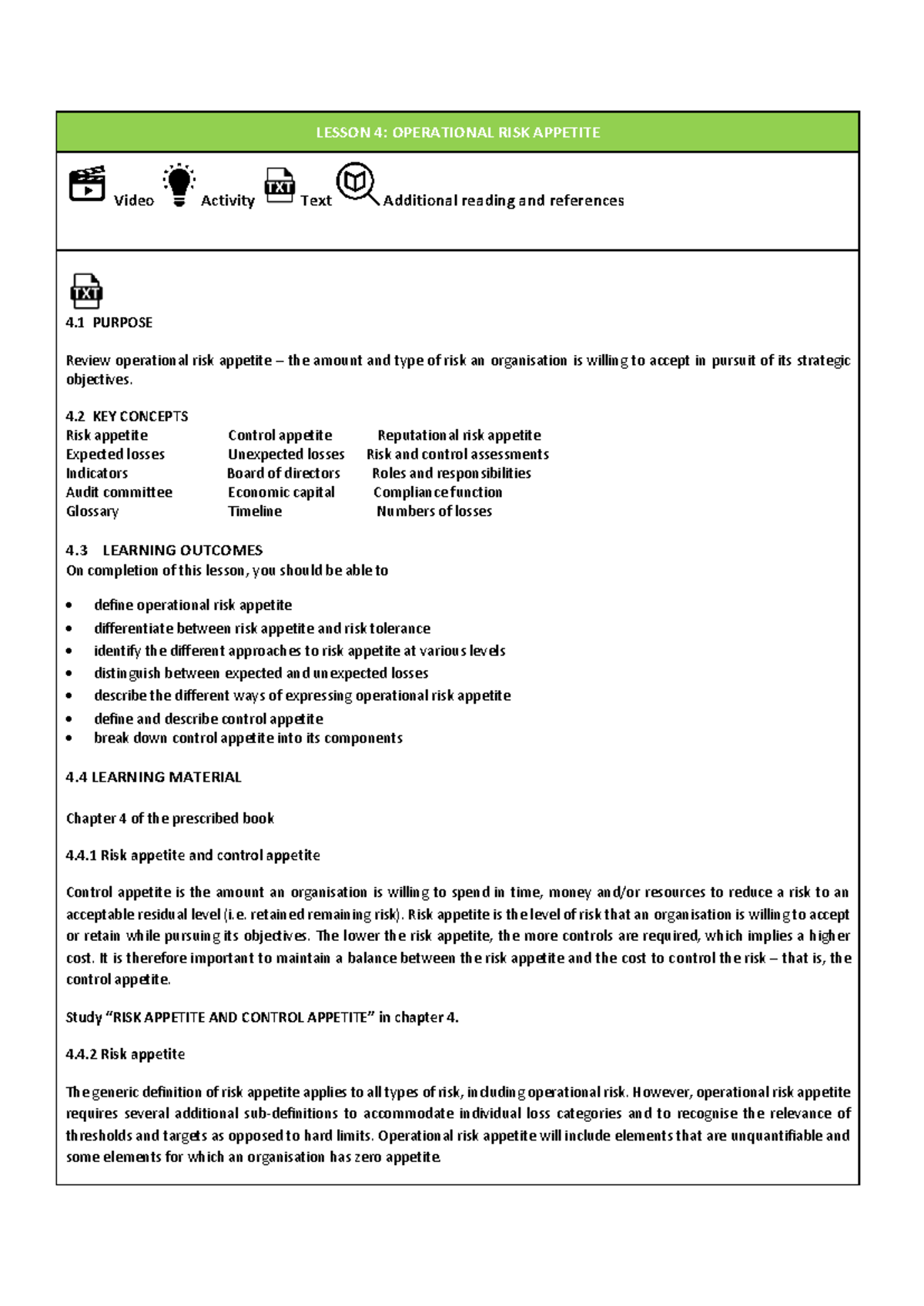 RSK4801 Lesson 4: Understanding Operational Risk Appetite and Control ...