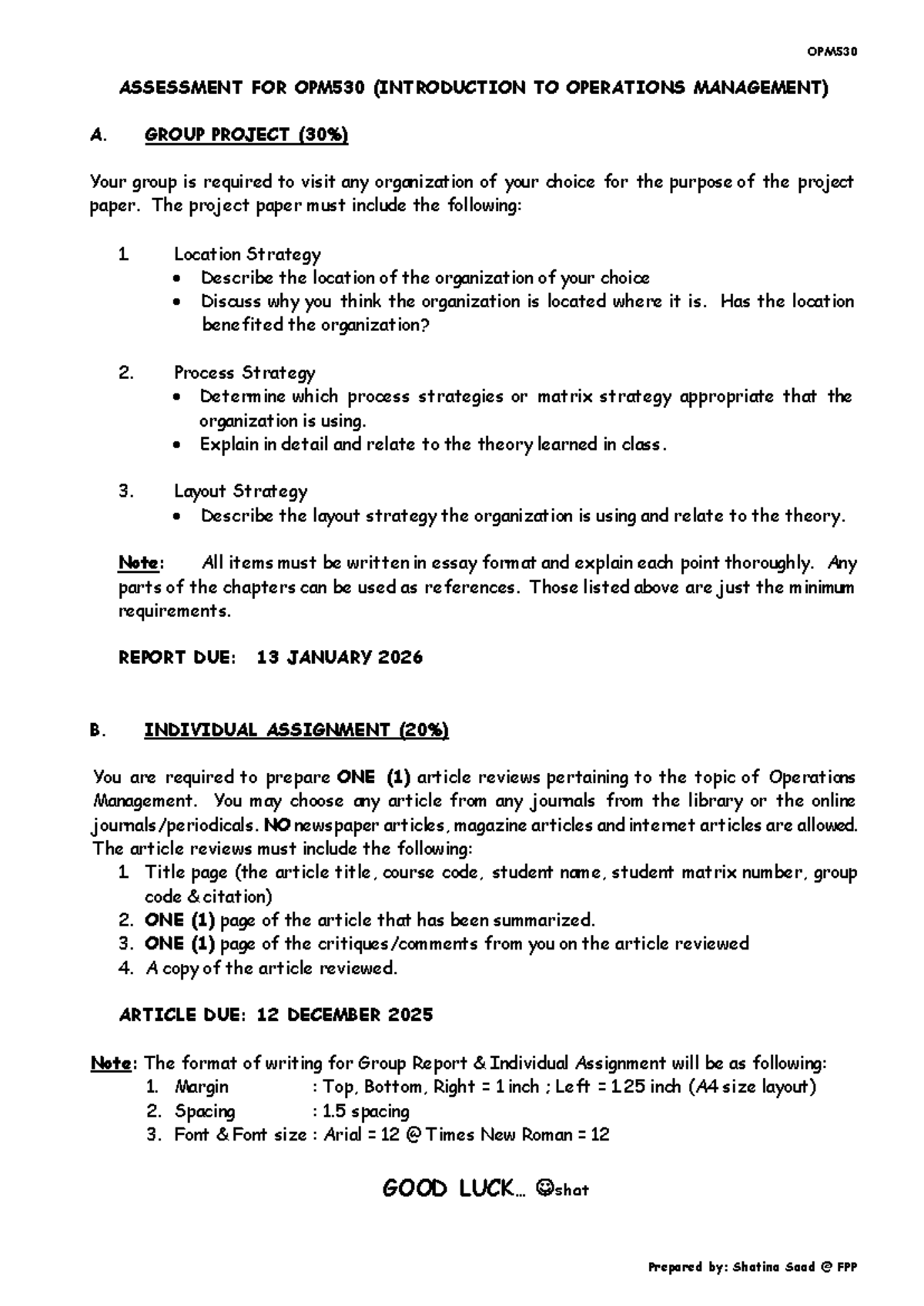 OPM530 Group Project & Individual Assignment Guidelines - Studocu
