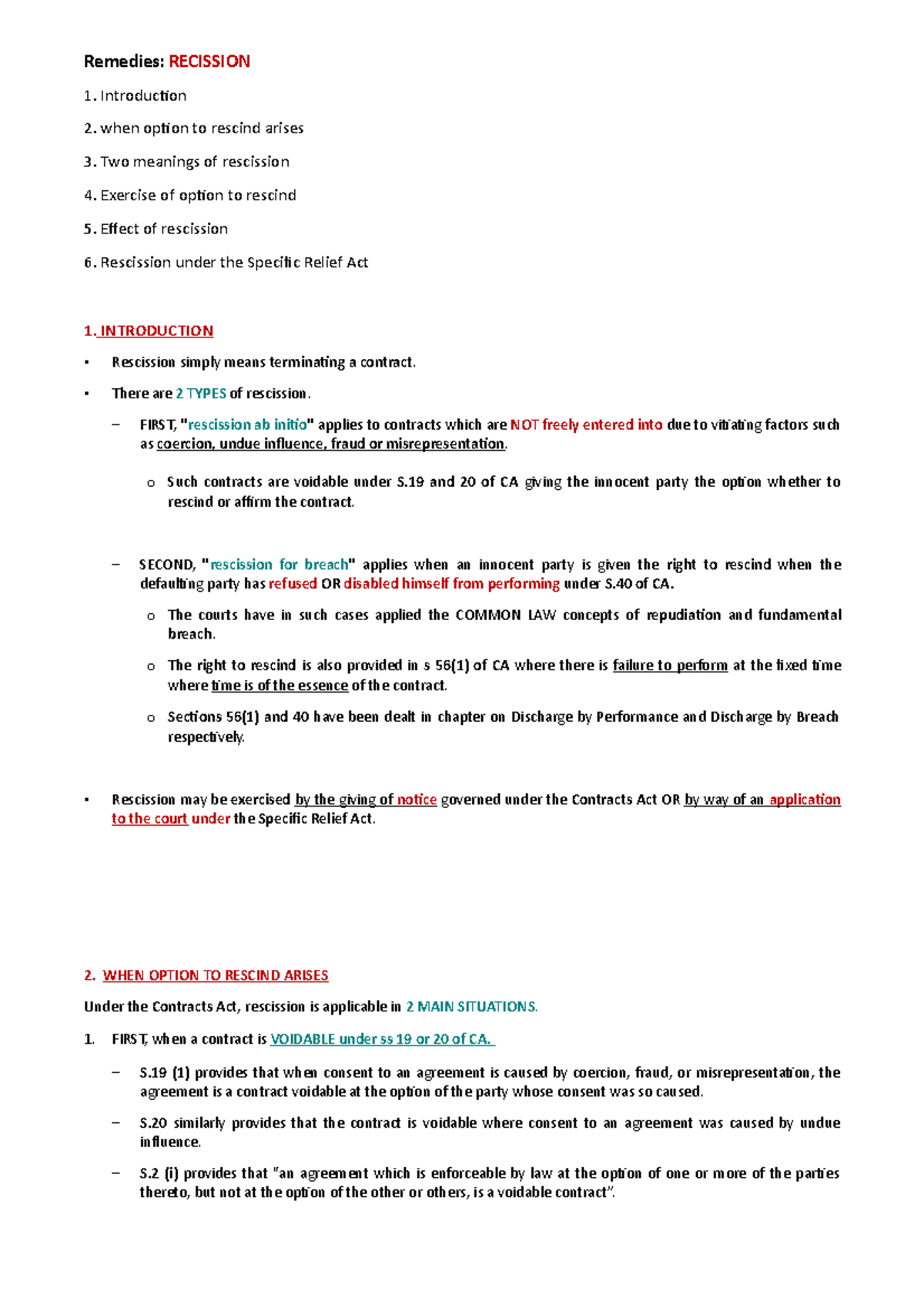 Notes on Rescission: Understanding Contracts and Remedies - Studocu
