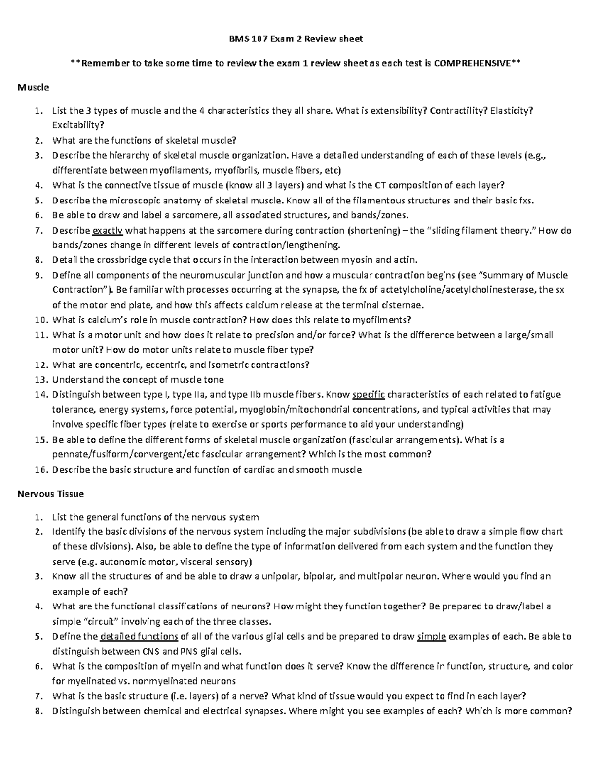 BMS 107 Exam 2 Review Sheet: Muscular & Nervous Systems Overview - Studocu