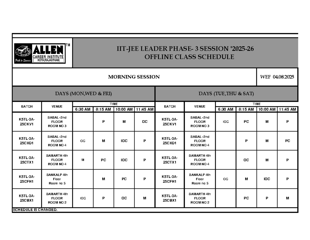 LEADER 3 Morning Session Offline Class Schedule (04.08.2025) - Studocu